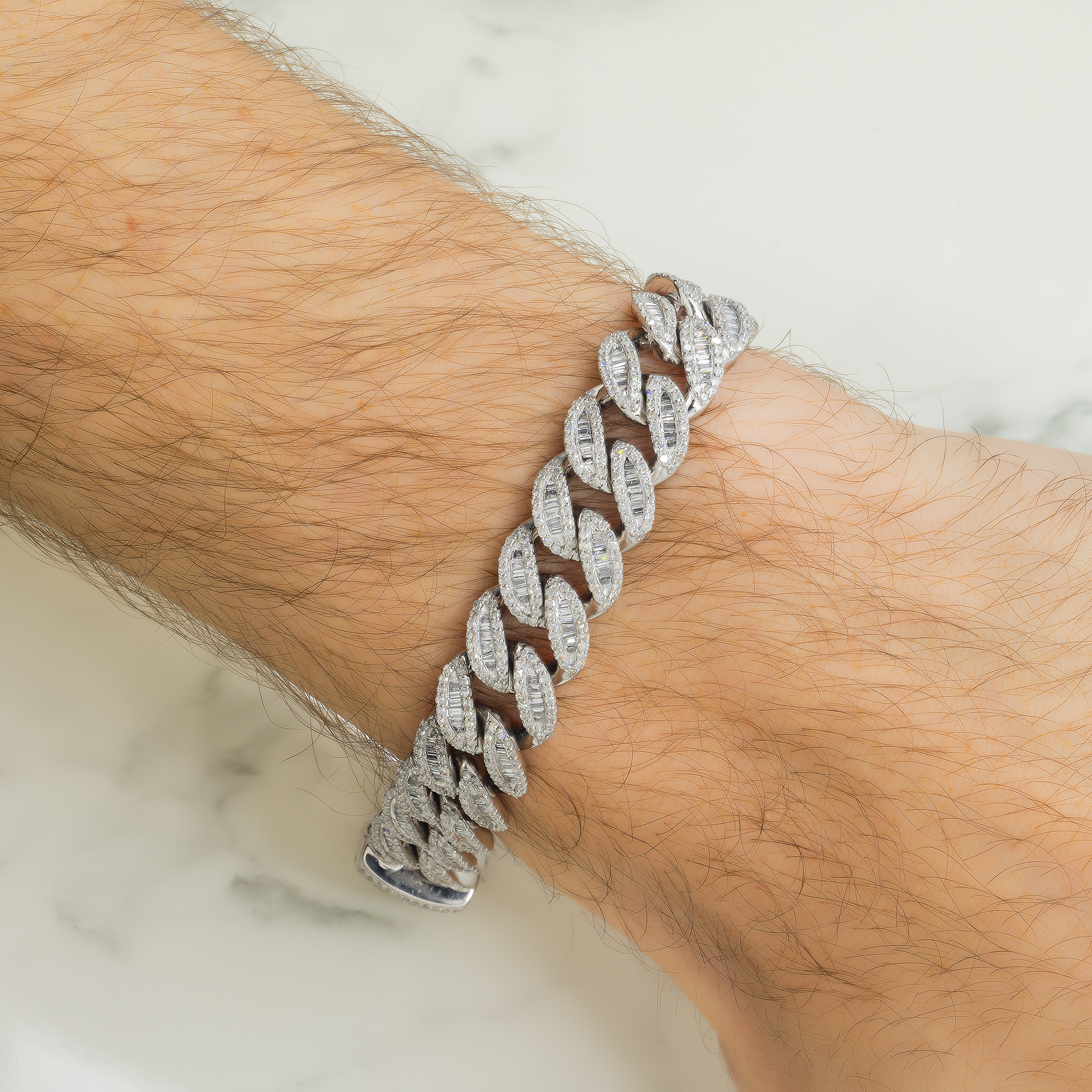 10K GOLD BAGUETTE AND ROUND DIAMOND 12MM OPEN CUBAN LINK BRACELET 8.08 CT