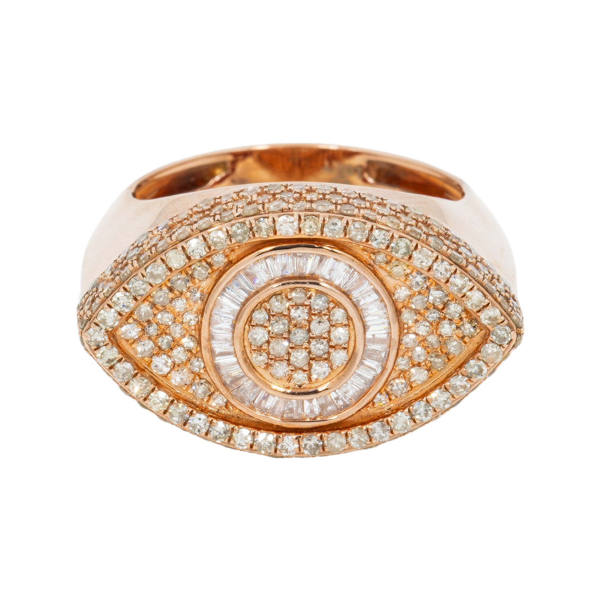 10K GOLD BAGUETTE AND ROUND DIAMOND EVIL EYE RING 2.43 CT