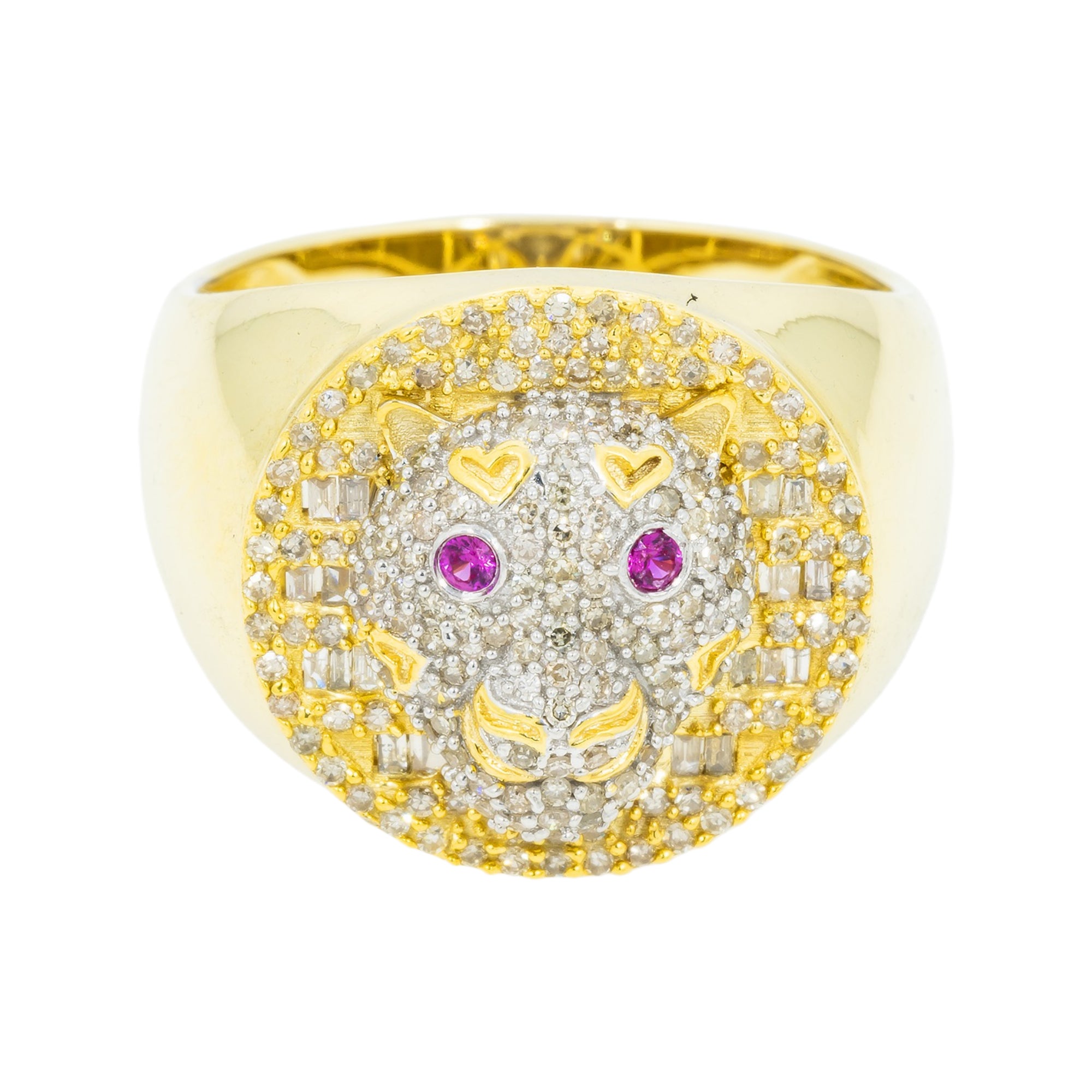 10K GOLD DIAMOND AND GEMSTONE LION HEAD STATEMENT RING 0.75 CTW