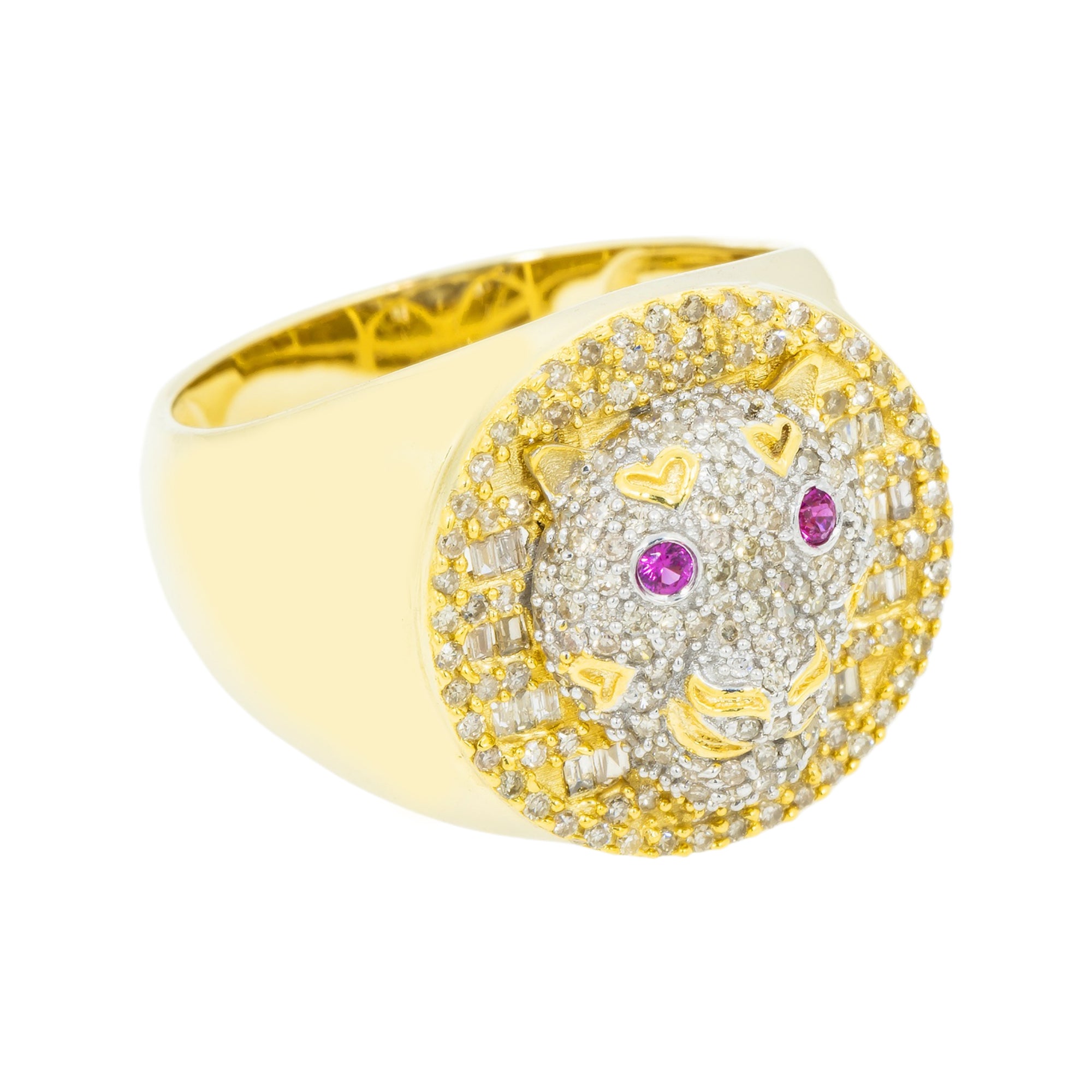 10K GOLD DIAMOND AND GEMSTONE LION HEAD STATEMENT RING 0.75 CTW