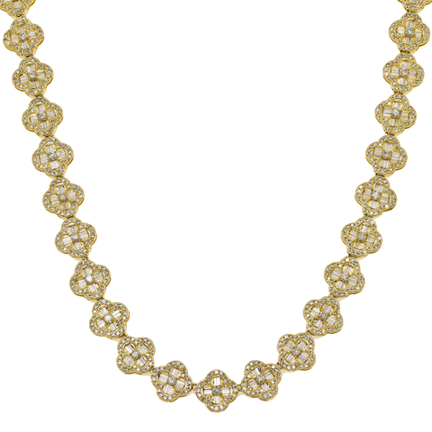 10K GOLD ROUND AND BAGUETTE DIAMOND CLOVER CHAIN 9.08 CT