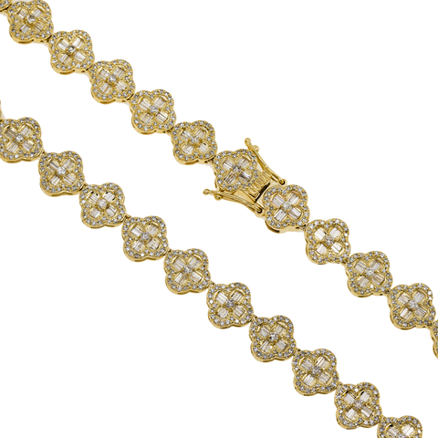 10K GOLD ROUND AND BAGUETTE DIAMOND CLOVER CHAIN 9.08 CT