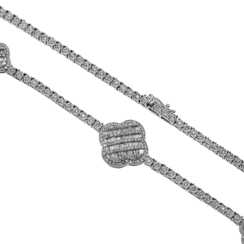 10K GOLD BAGUETTE AND ROUND DIAMOND CLOVER TENNIS CHAIN 2.75 CT