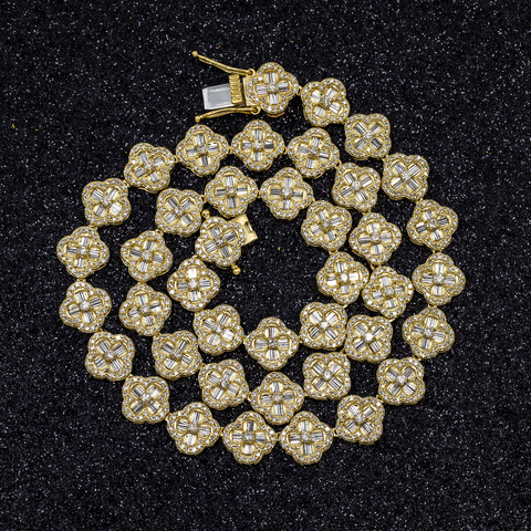 10K GOLD ROUND AND BAGUETTE DIAMOND CLOVER CHAIN 9.08 CT