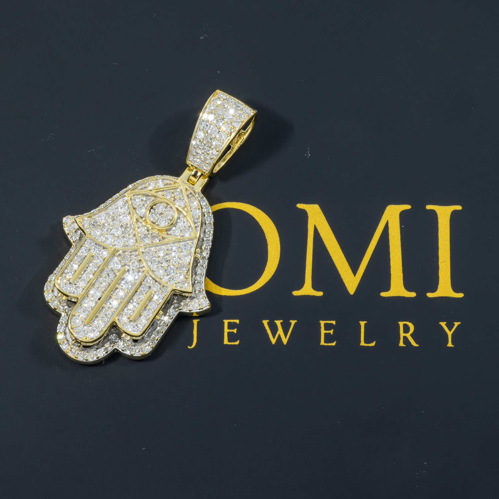 10K GOLD DIAMOND HAMSA EVIL EYE PENDANT 0.95 CT