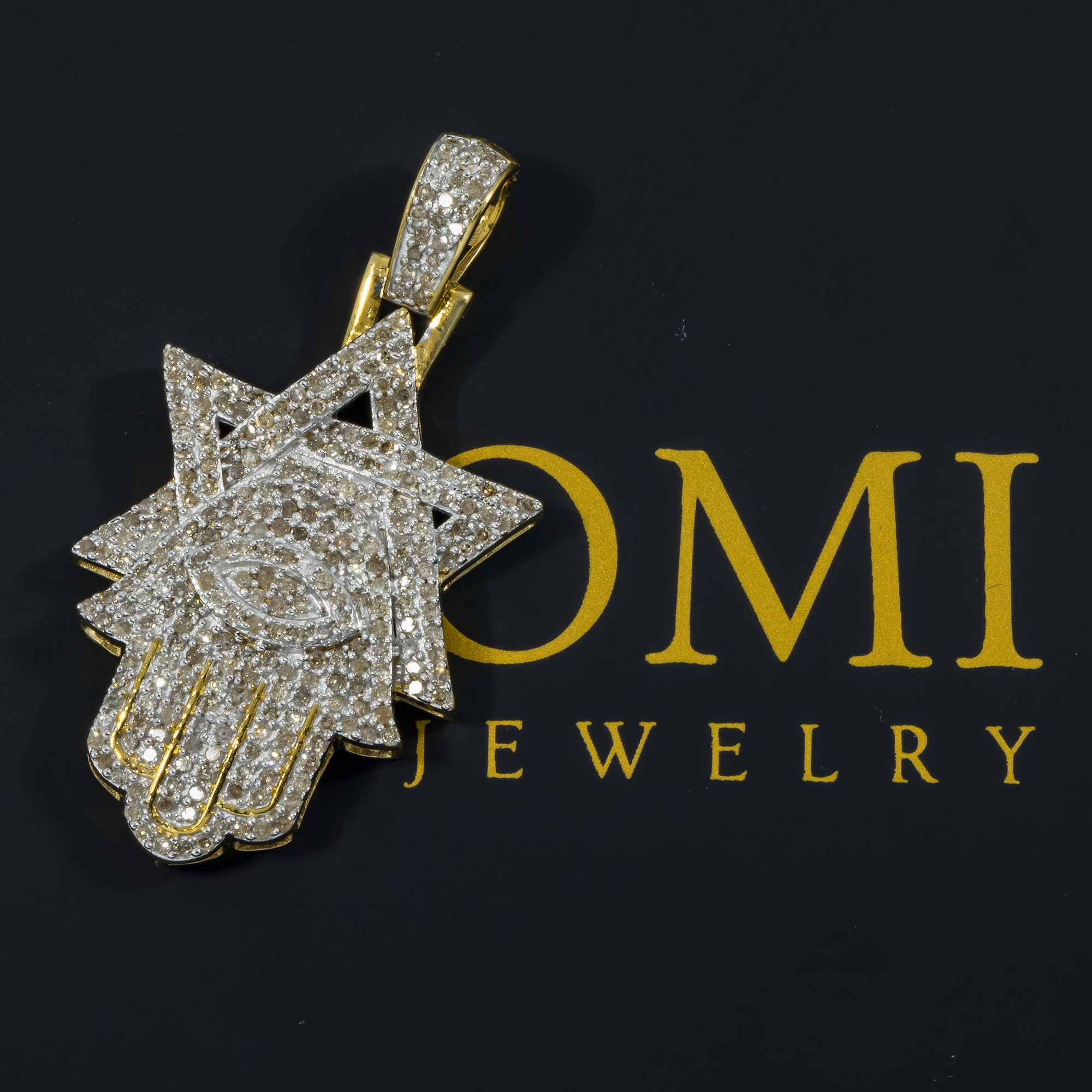 10K GOLD DIAMOND STAR OF DAVID AND HAMSA WITH EVIL EYE PENDANT 0.96 CT