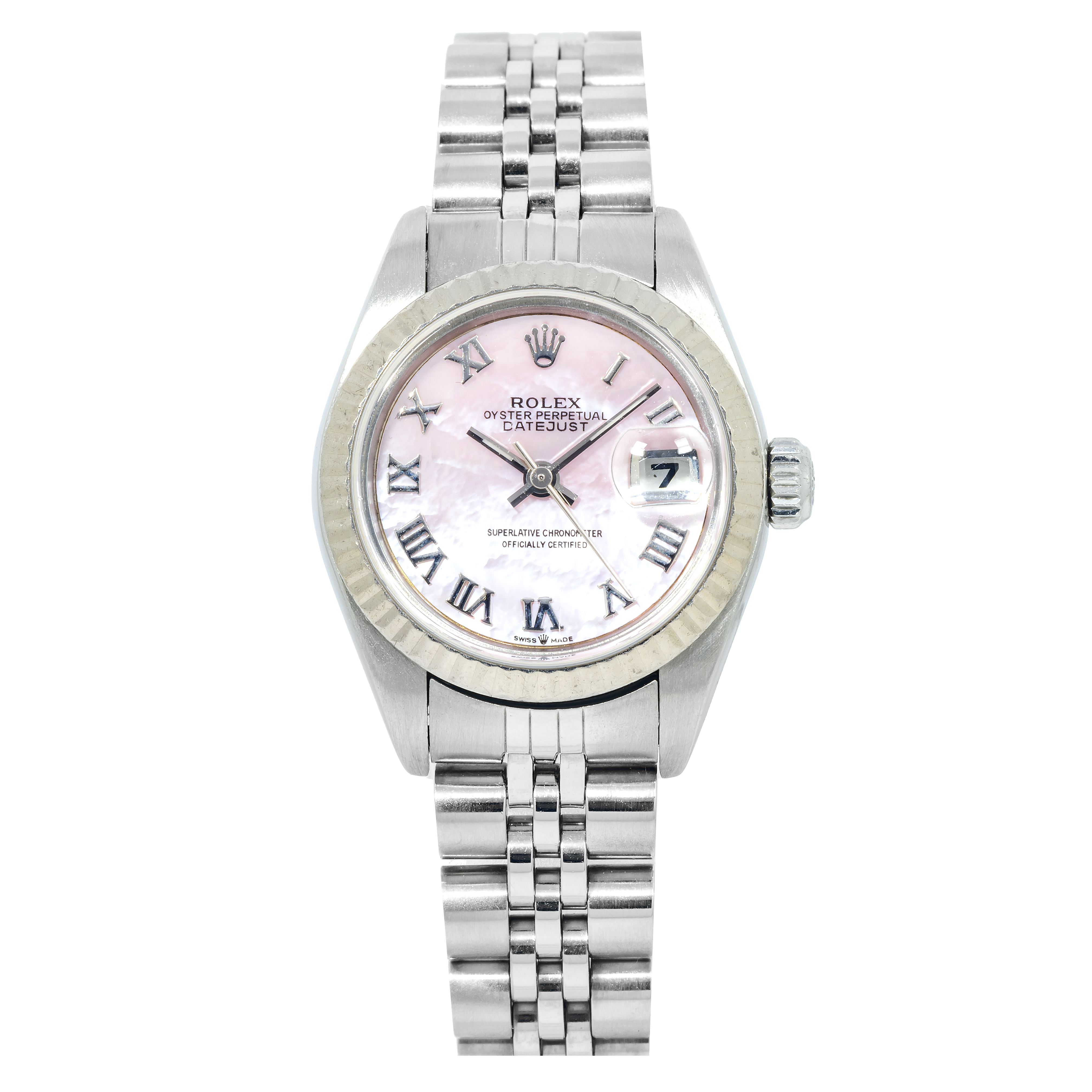 Rolex Datejust 26MM 69174 Pink Mother of Pearl Roman Dial White Gold Fluted Bezel Stainless Steel Jubilee Bracelet