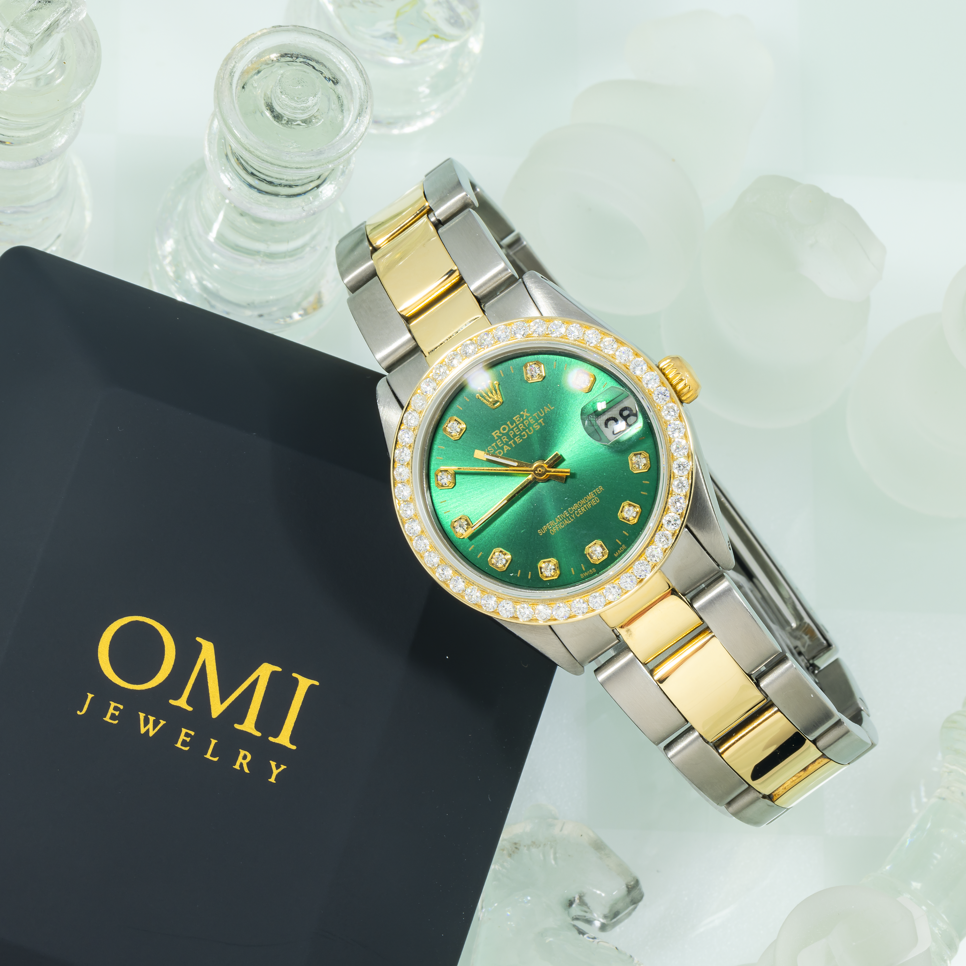 Rolex Datejust 31MM 68243 Green Diamond Dial Diamond Bezel Two Tone Yellow Gold Oyster Bracelet