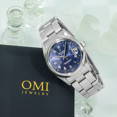 Rolex Oyster Perpetual Date 15000 34MM Blue Roman Dial With Stainless Steel Oyster Bracelet