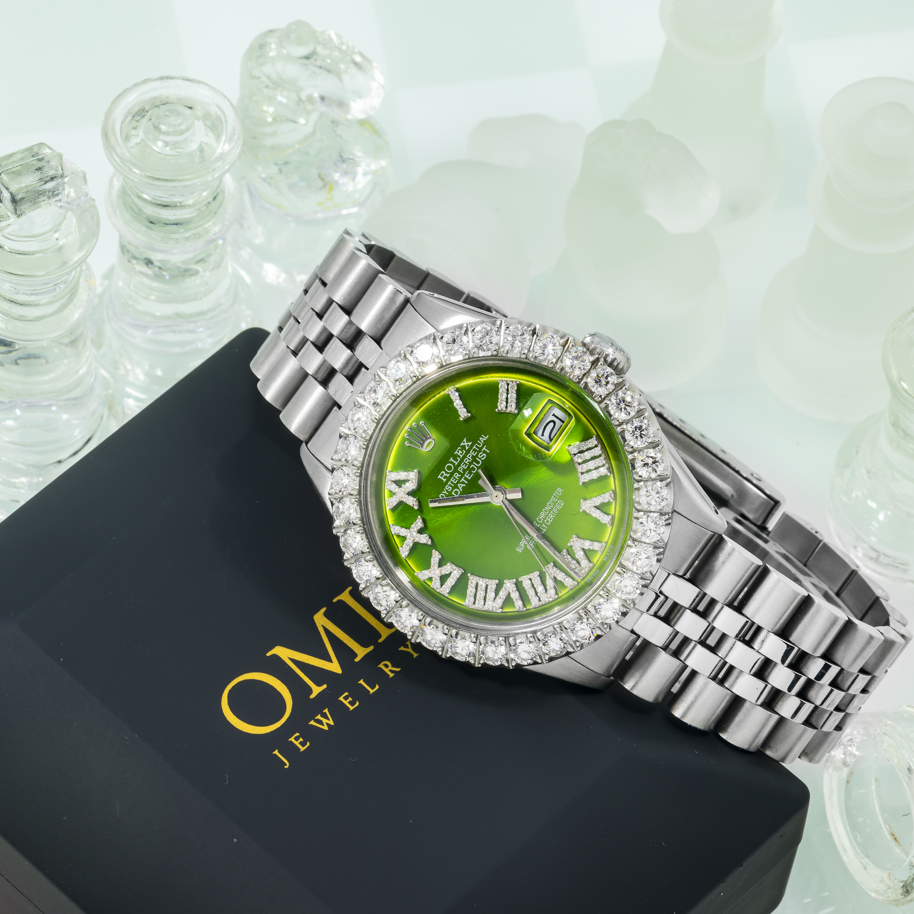 Rolex Datejust 36MM 1601 Green Roman Diamond Dial Diamond Bezel Stainless Steel Jubilee Bracelet