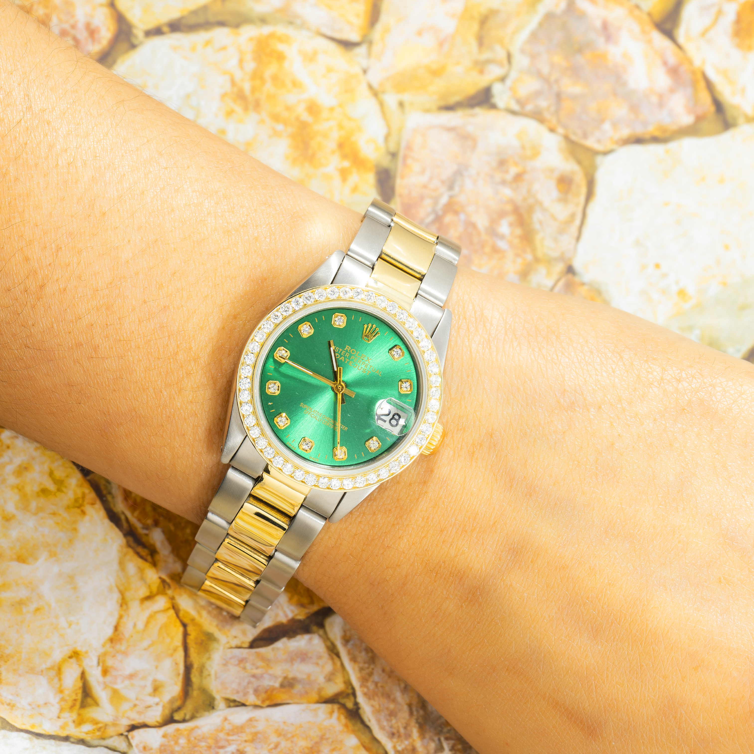 Rolex Datejust 31MM 68243 Green Diamond Dial Diamond Bezel Two Tone Yellow Gold Oyster Bracelet