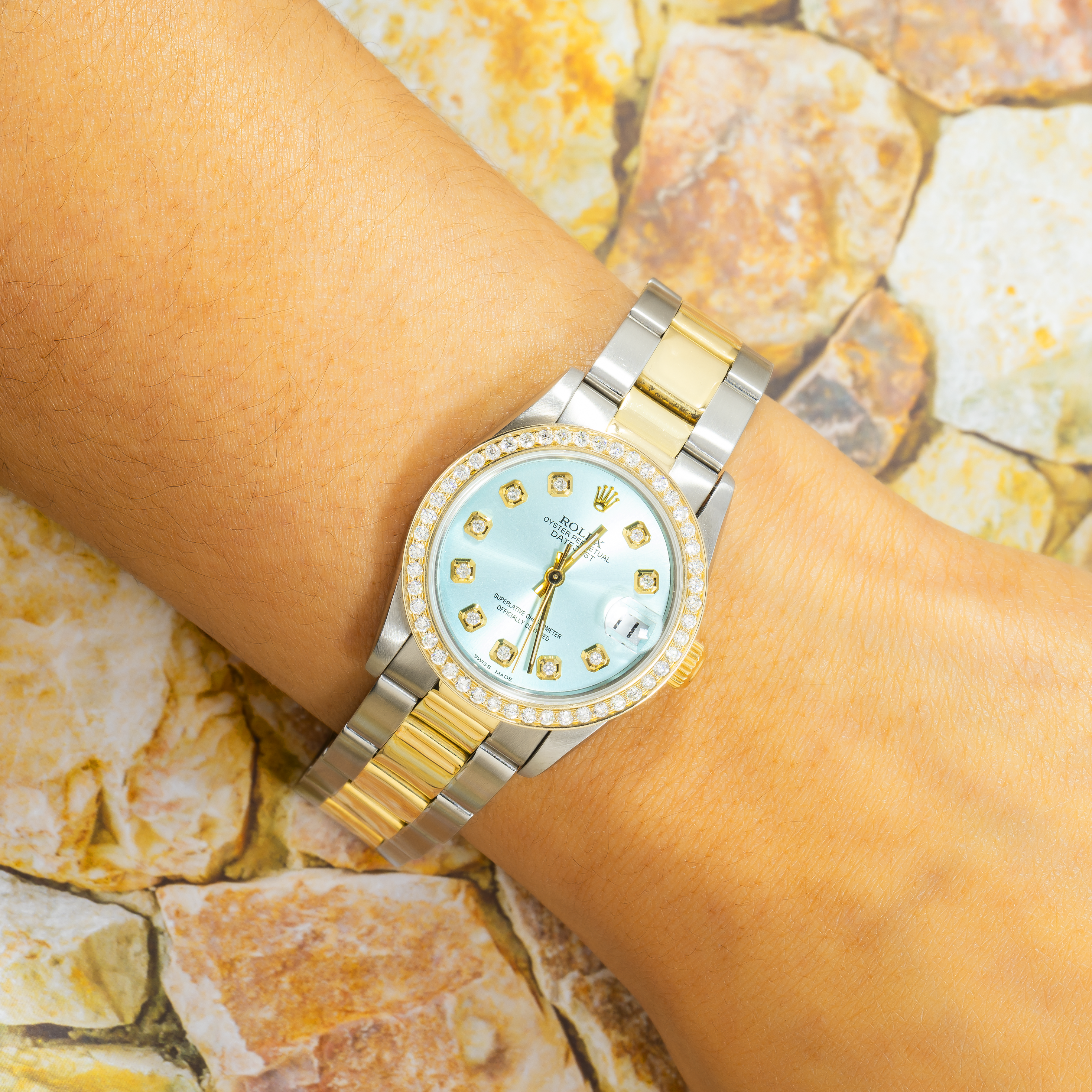Rolex Datejust 31MM 6824 Ice Blue Diamond Dial Diamond Bezel Two Tone Yellow Gold Oyster Bracelet