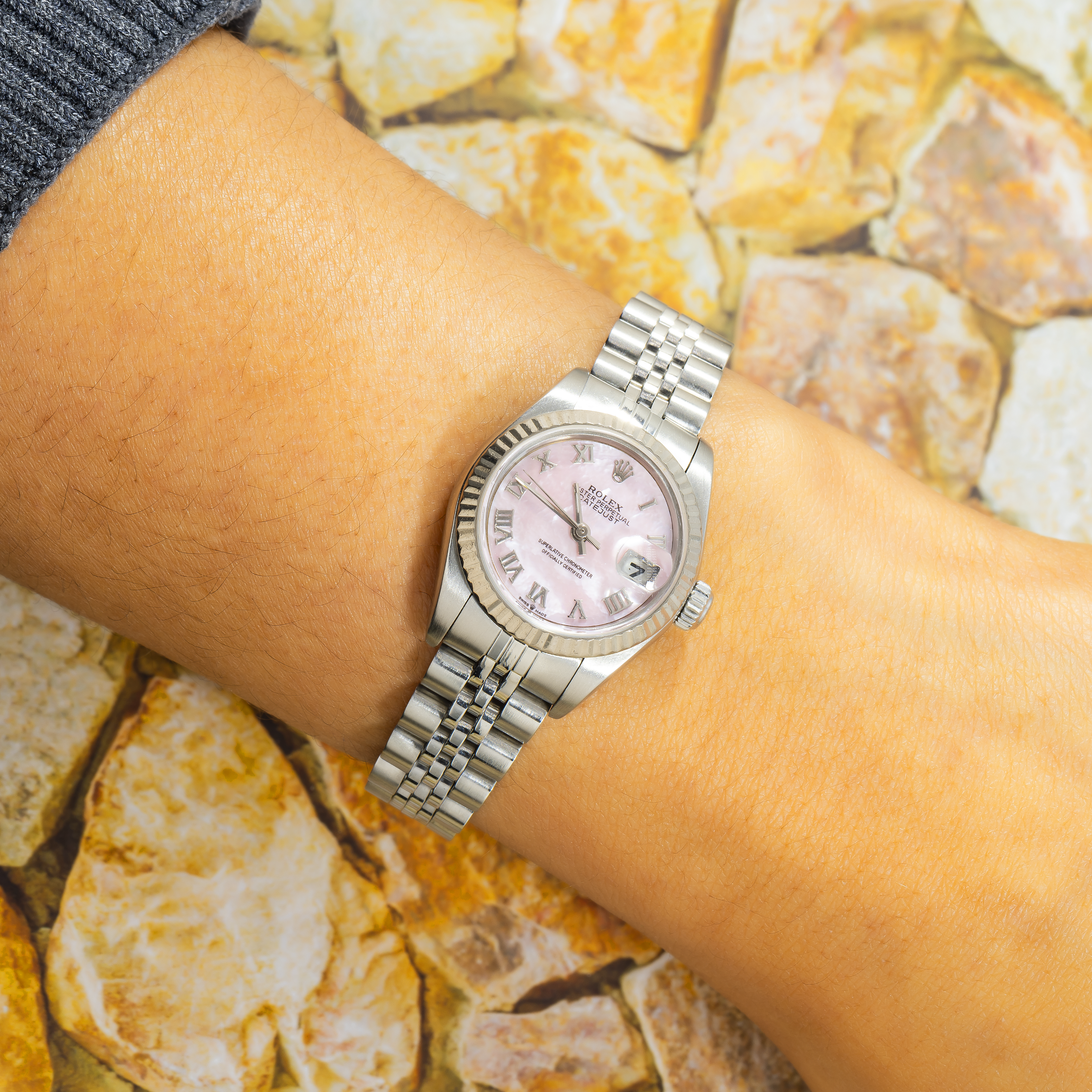 Rolex Datejust 26MM 6917 Pink Mother of Pearl Roman Dial Fluted Bezel Stainless Steel Jubilee Bracelet