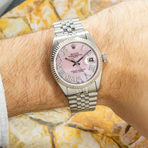 Rolex Date 1601 36MM Pink Diamond Roman Dial With Stainless Steel Jubilee Bracelet