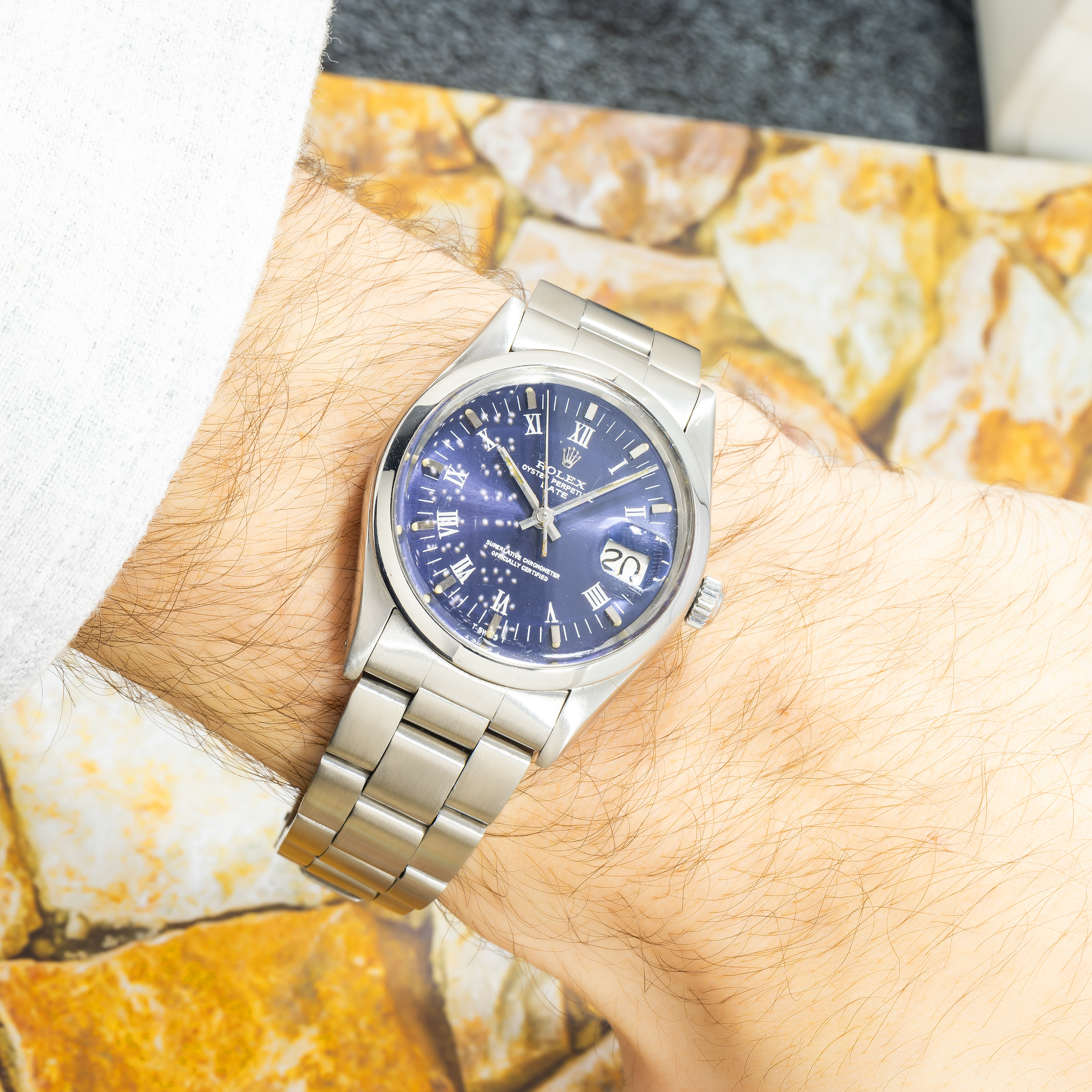 Rolex Date 34MM 15200 Blue Roman Dial Smooth Bezel Stainless Steel Oyster Bracelet