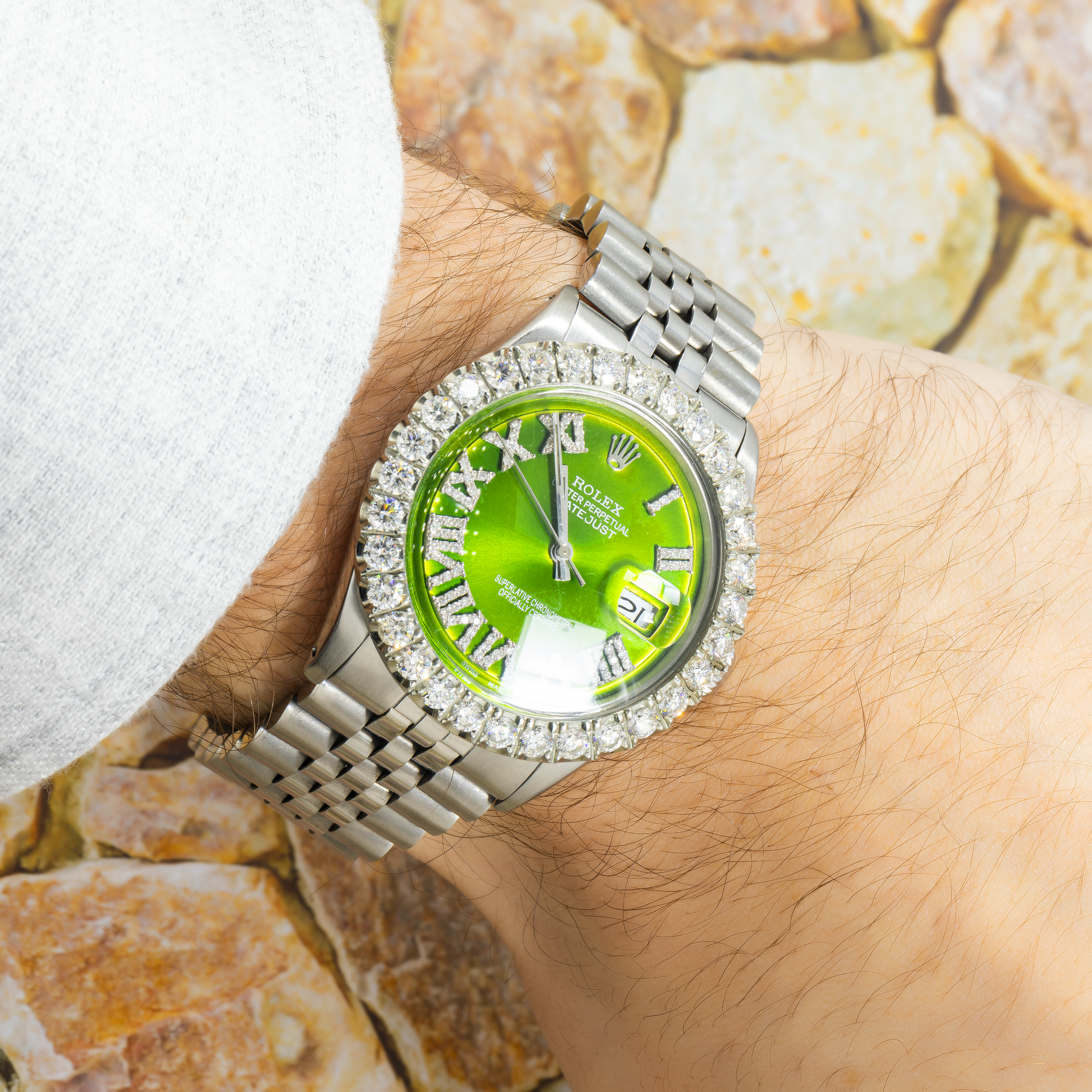 Rolex Datejust 36MM 1601 Green Roman Diamond Dial Diamond Bezel Stainless Steel Jubilee Bracelet