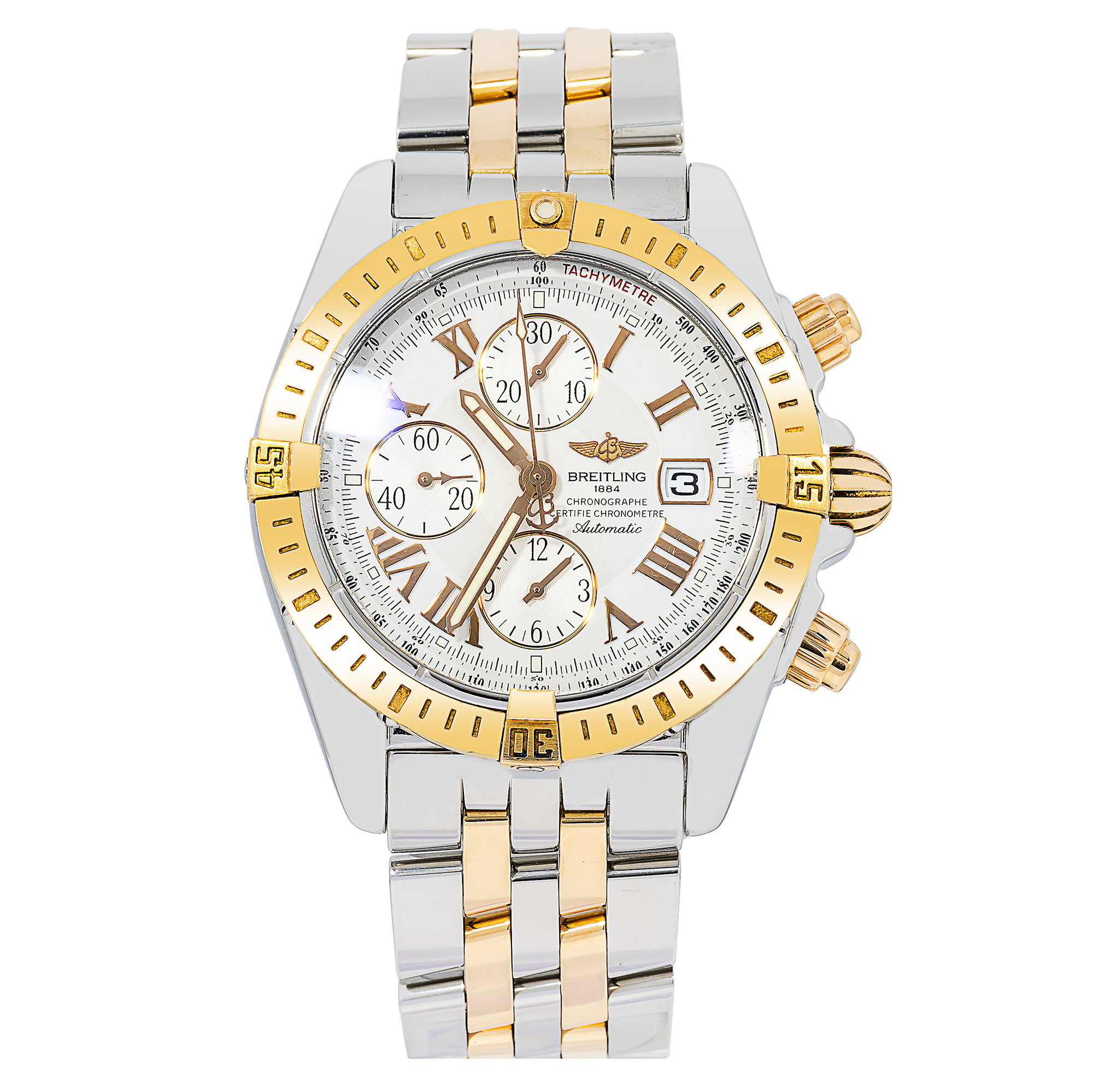 Breitling Chronomat Evolution 43MM C13356 White Roman Dial Yellow Gold Bezel Two Tone Yellow Gold Bracelet