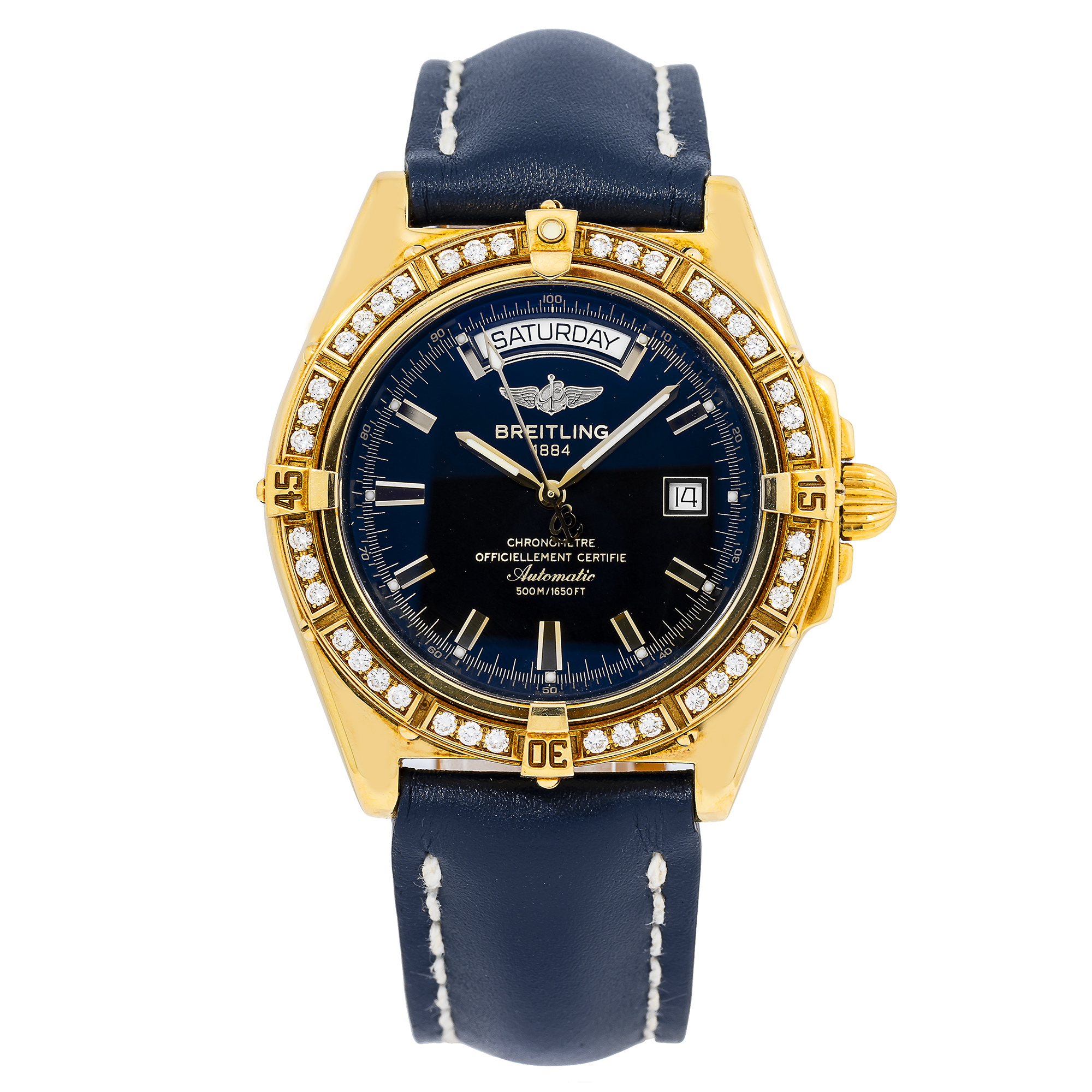 Breitling Windrider Headwind 43MM K45355 Black Dial Yellow Gold Diamond Bezel Black Leather Strap