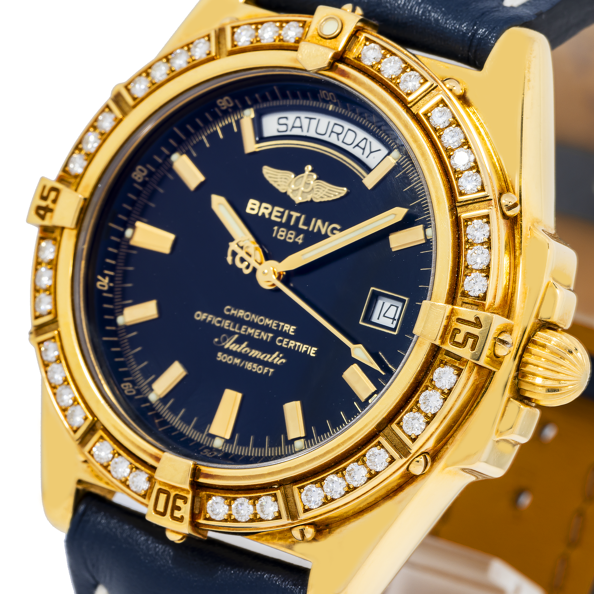 Breitling Windrider Headwind 43MM K45355 Black Dial Yellow Gold Diamond Bezel Black Leather Strap