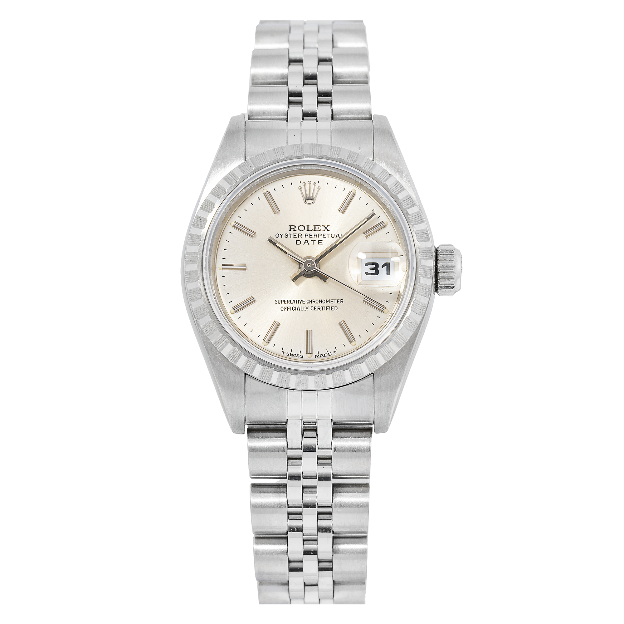 Rolex Date 26MM 6924 Silver Dial Engine Turned Bezel Stainless Steel Jubilee Bracelet