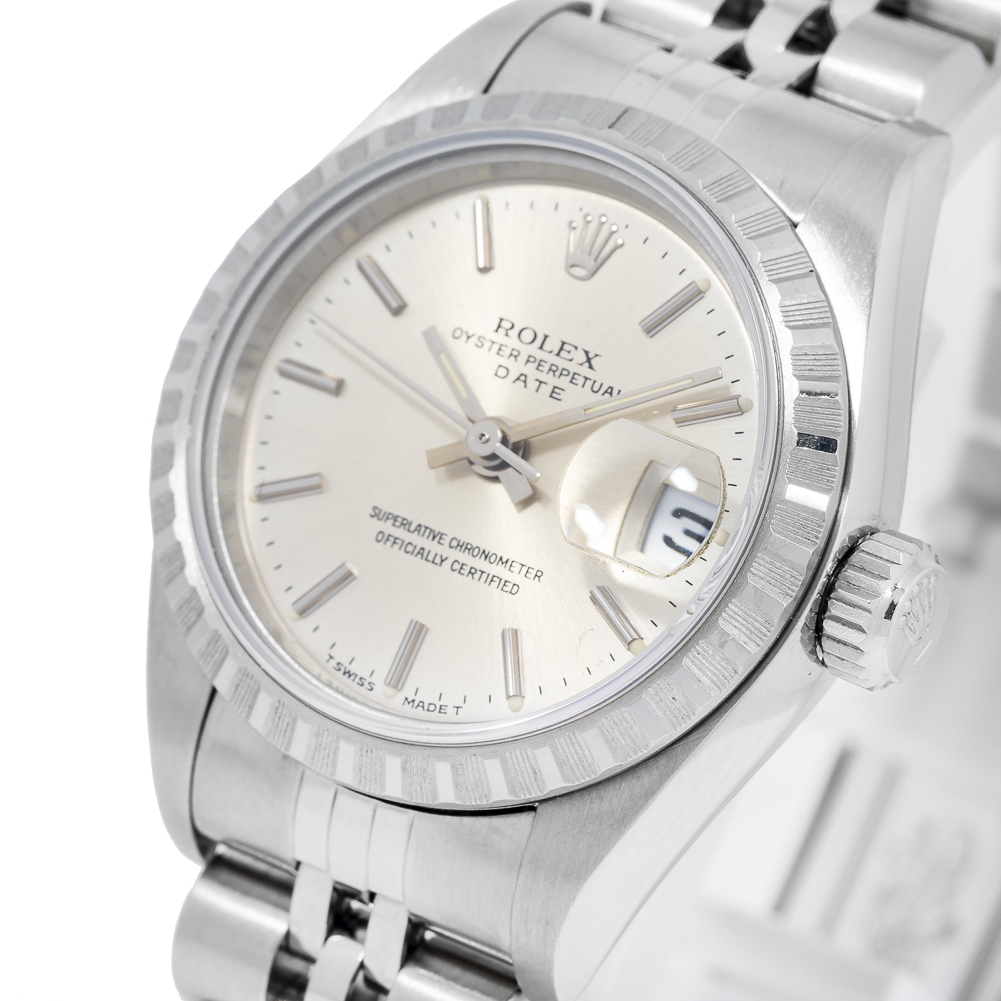 Rolex Date 26MM 6924 Silver Dial Engine Turned Bezel Stainless Steel Jubilee Bracelet