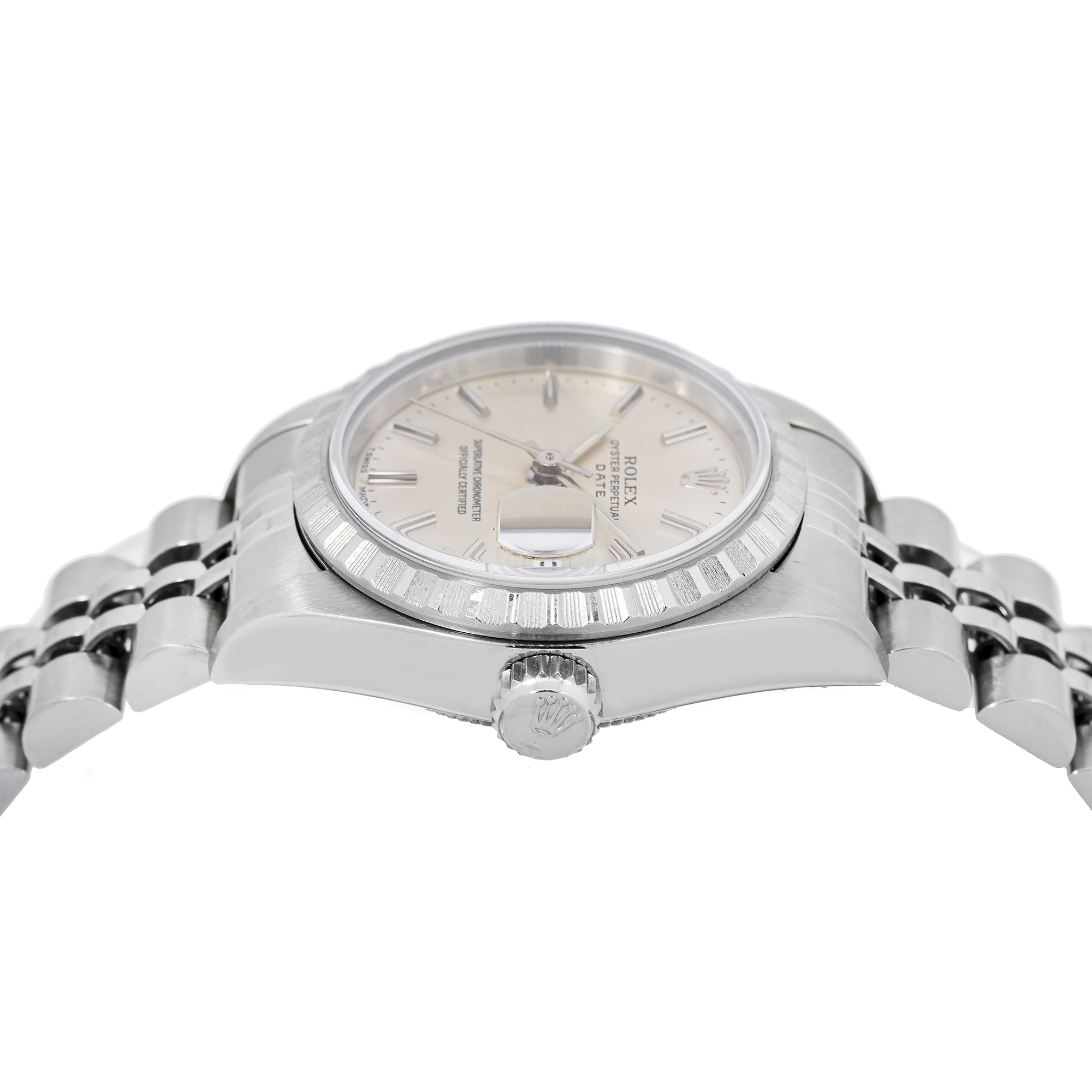 Rolex Date 26MM 6924 Silver Dial Engine Turned Bezel Stainless Steel Jubilee Bracelet