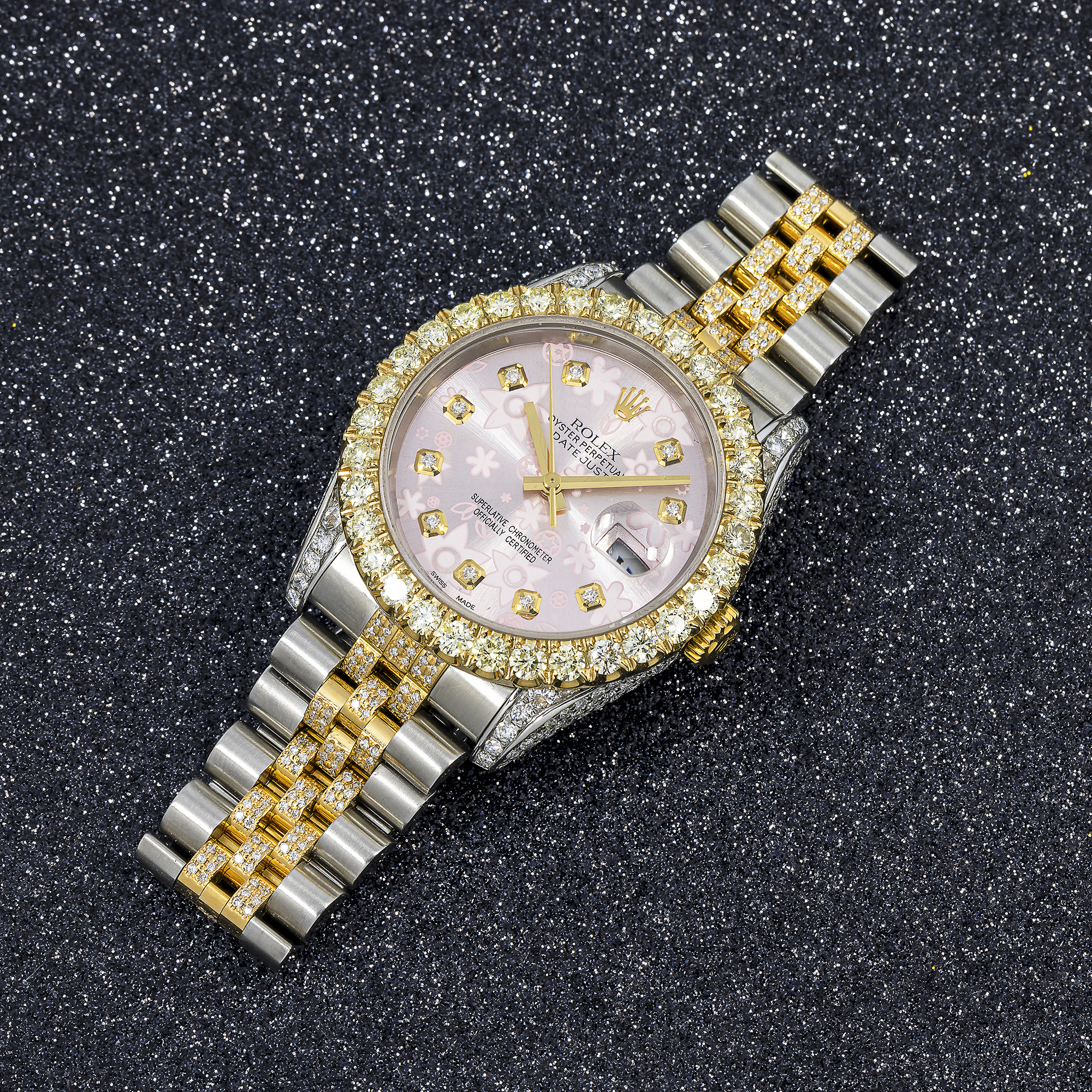 Rolex Datejust 36MM 116233 Pink Floral Diamond Dial Diamond Bezel Two Tone Yellow Gold Semi Diamond Jubilee Bracelet
