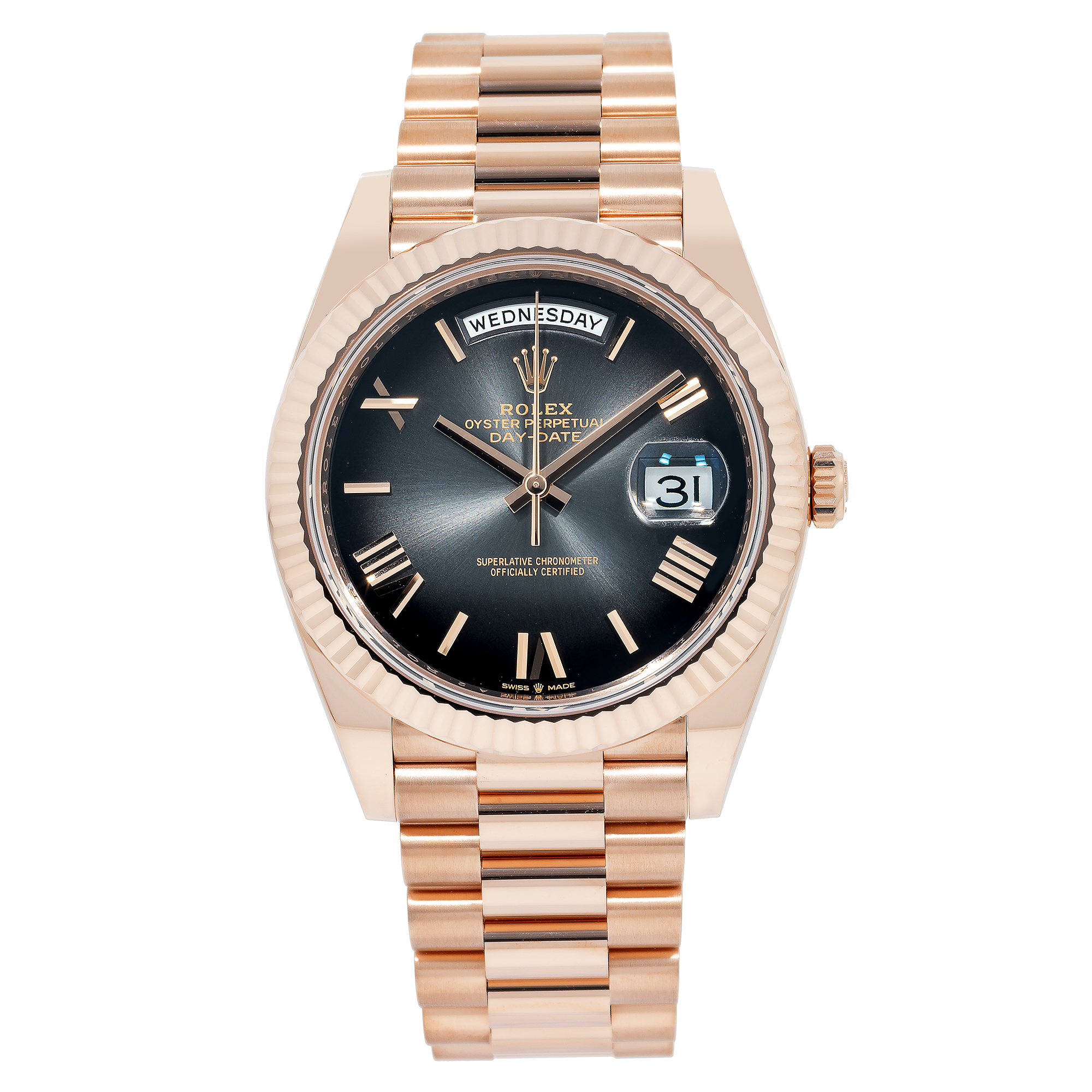 Rolex Day-Date 40MM 228235 Black Roman Dial Rose Gold Fluted Bezel 18K Rose Gold President Bracelet