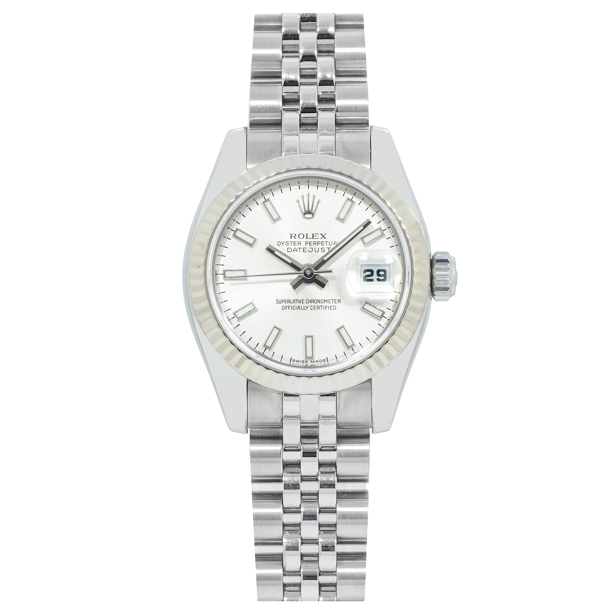Rolex Datejust 26MM 179174 Silver Dial White Gold Fluted Bezel Stainless Steel Jubilee Bracelet