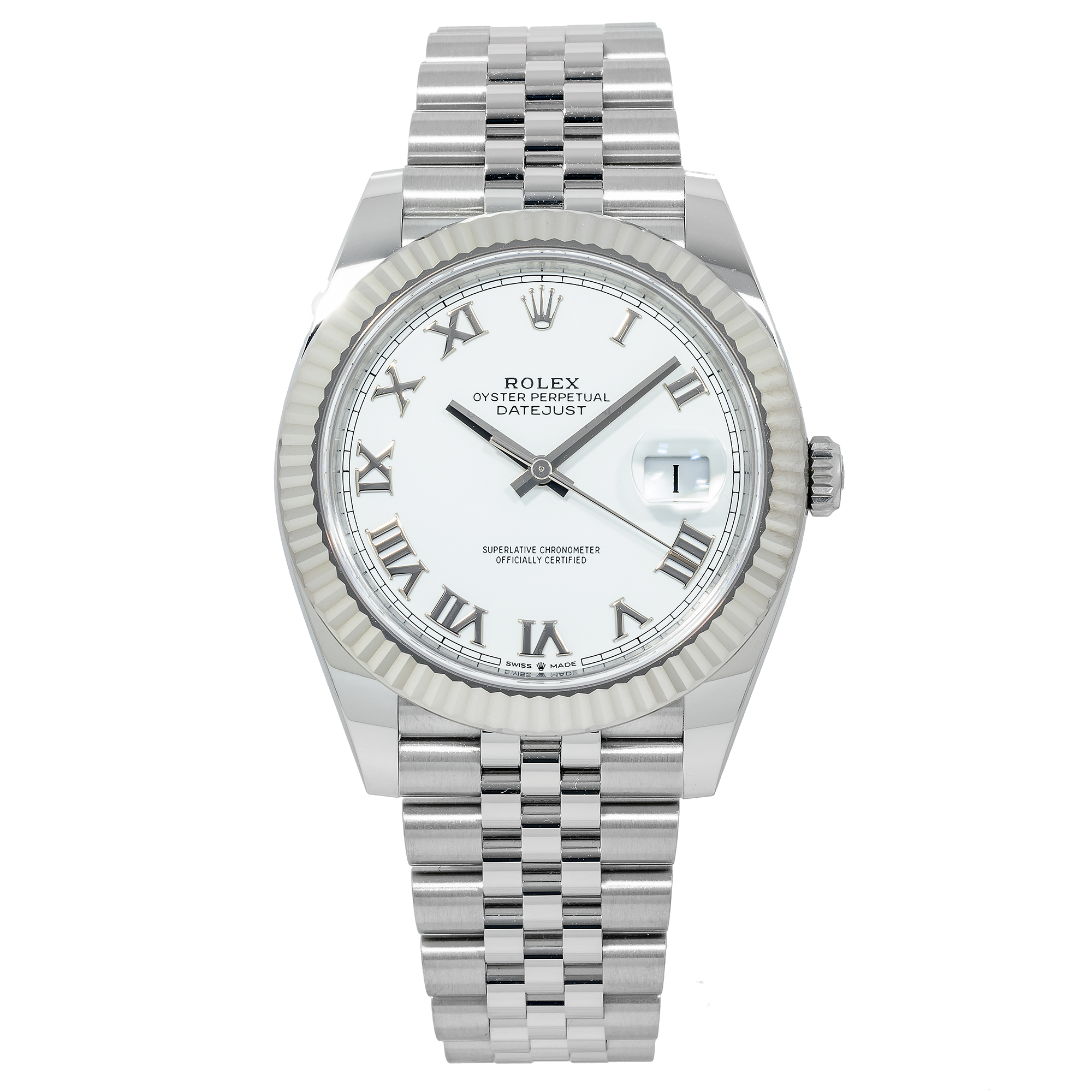Rolex Datejust 41MM 126334 White Roman Dial White Gold Fluted Bezel Stainless Steel Jubilee Bracelet