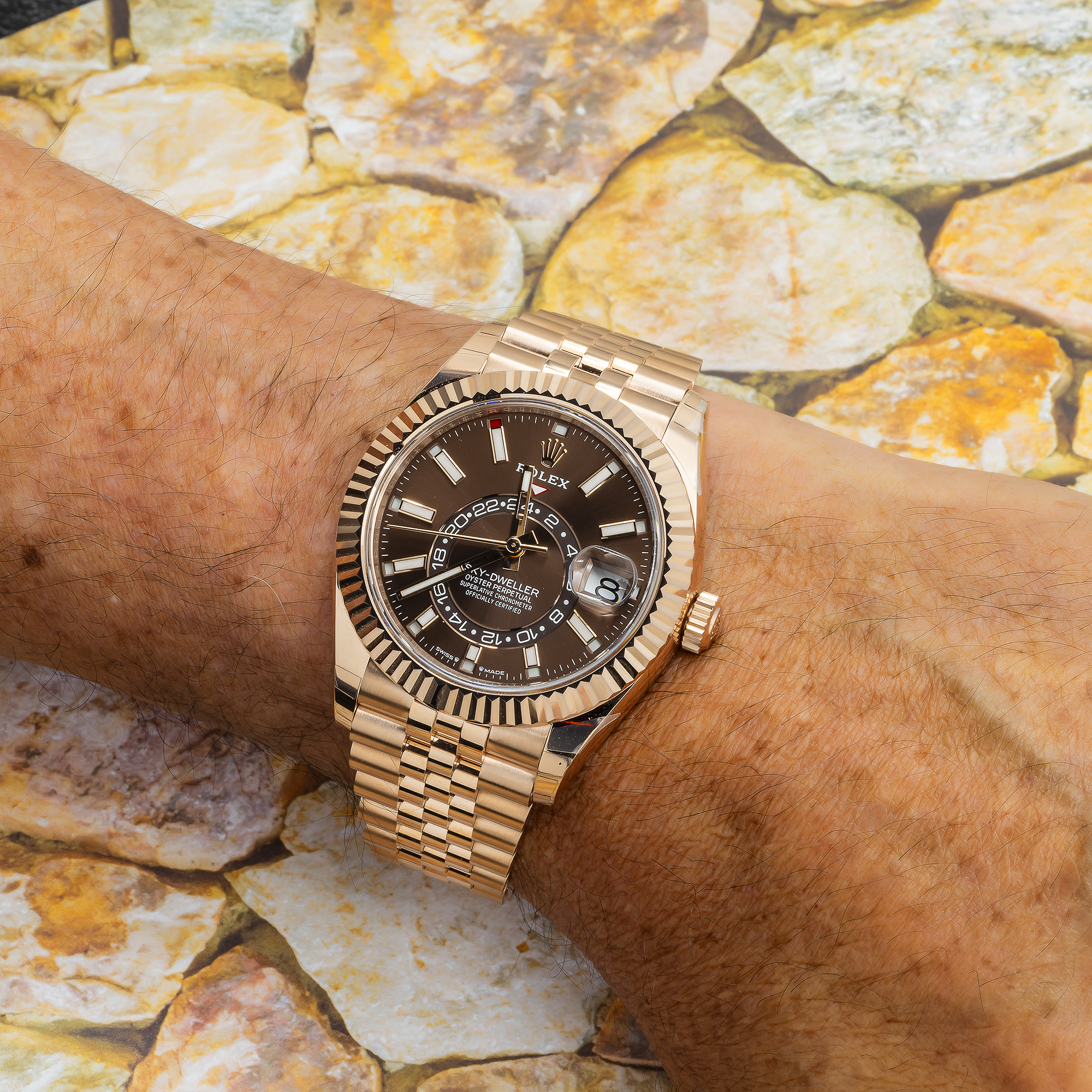 Rolex Sky-Dweller 42MM 336935 Chocolate Dial Fluted Bezel 18K Rose Gold Jubilee Bracelet