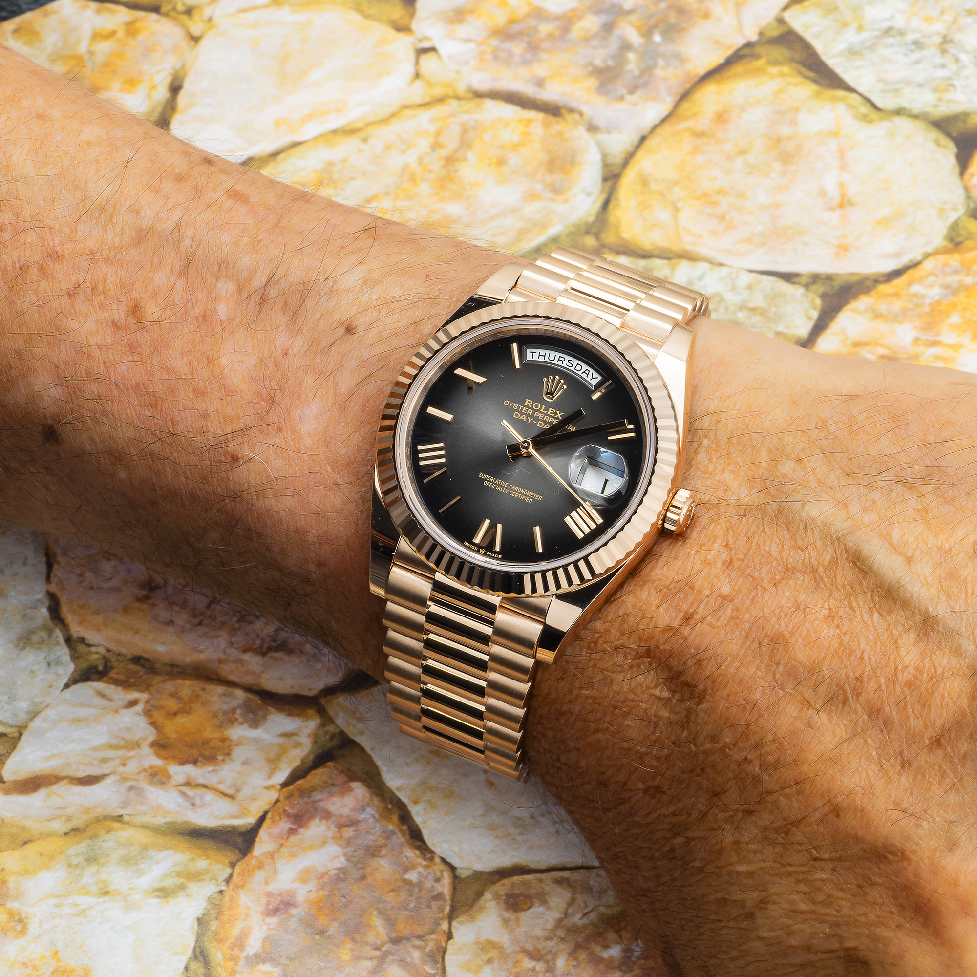 Rolex 228235 On Wrist Olive Green Rolex Day Date Gold On Wrist