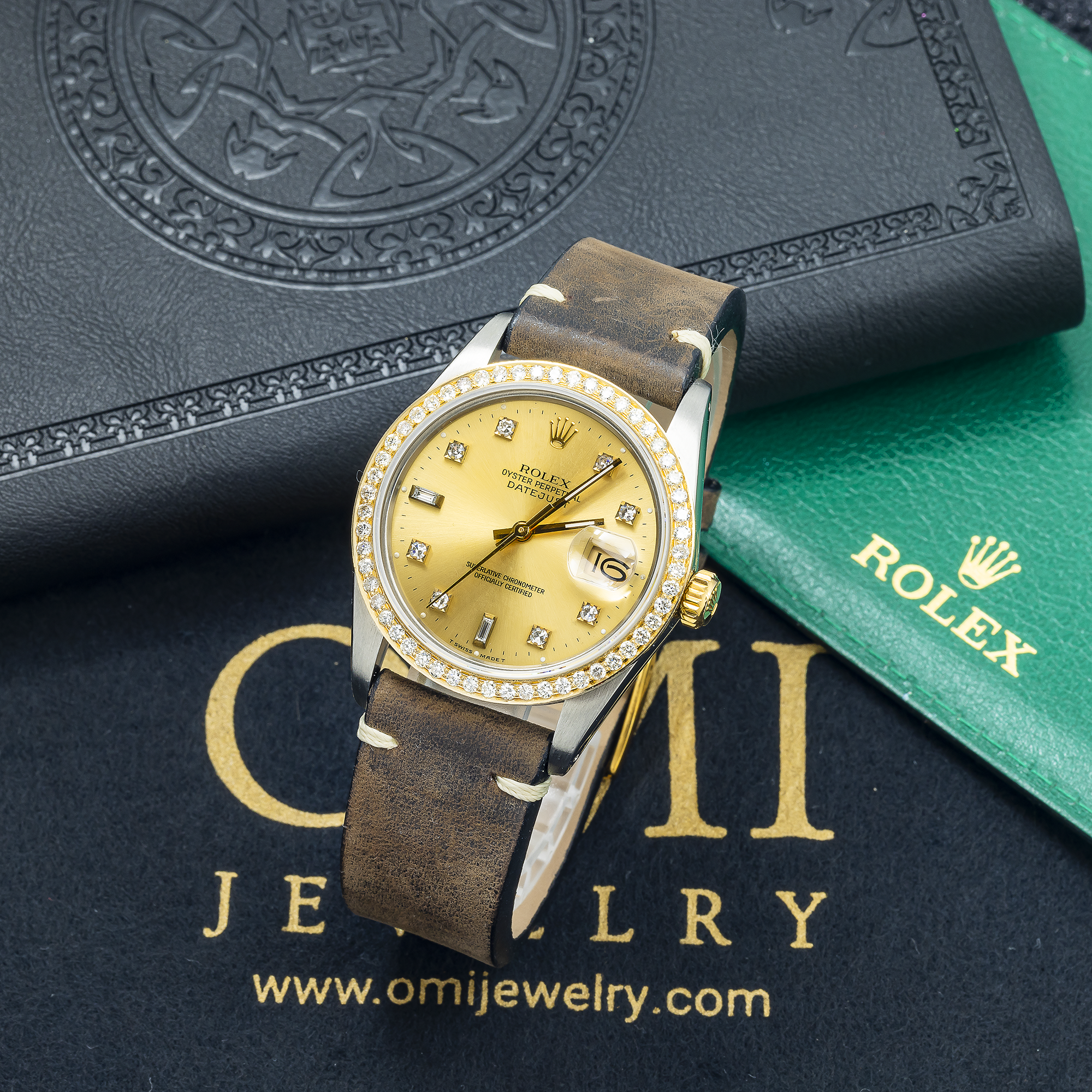 Rolex Datejust 36MM 16013 Champagne Diamond Dial Diamond Bezel Brown Leather Strap