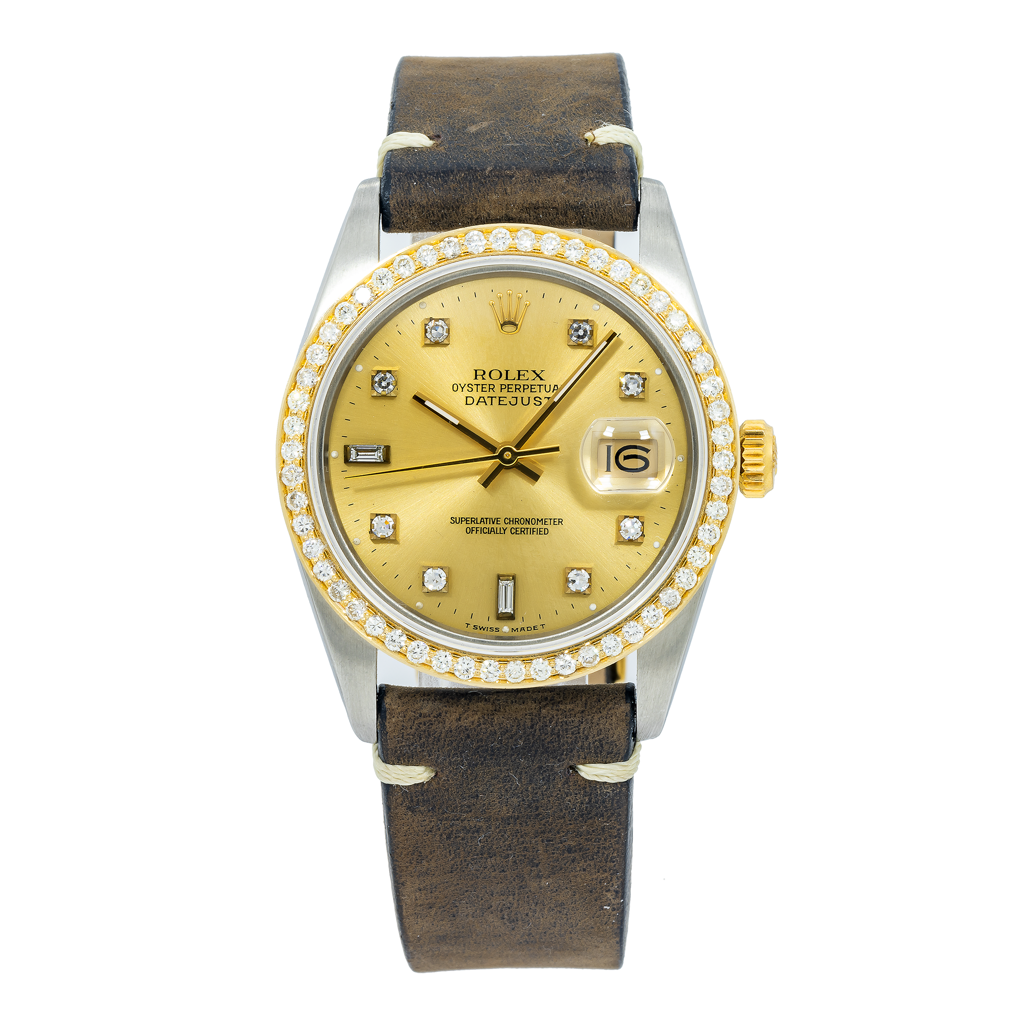 Rolex Datejust 36MM 16013 Champagne Diamond Dial Diamond Bezel Brown Leather Strap