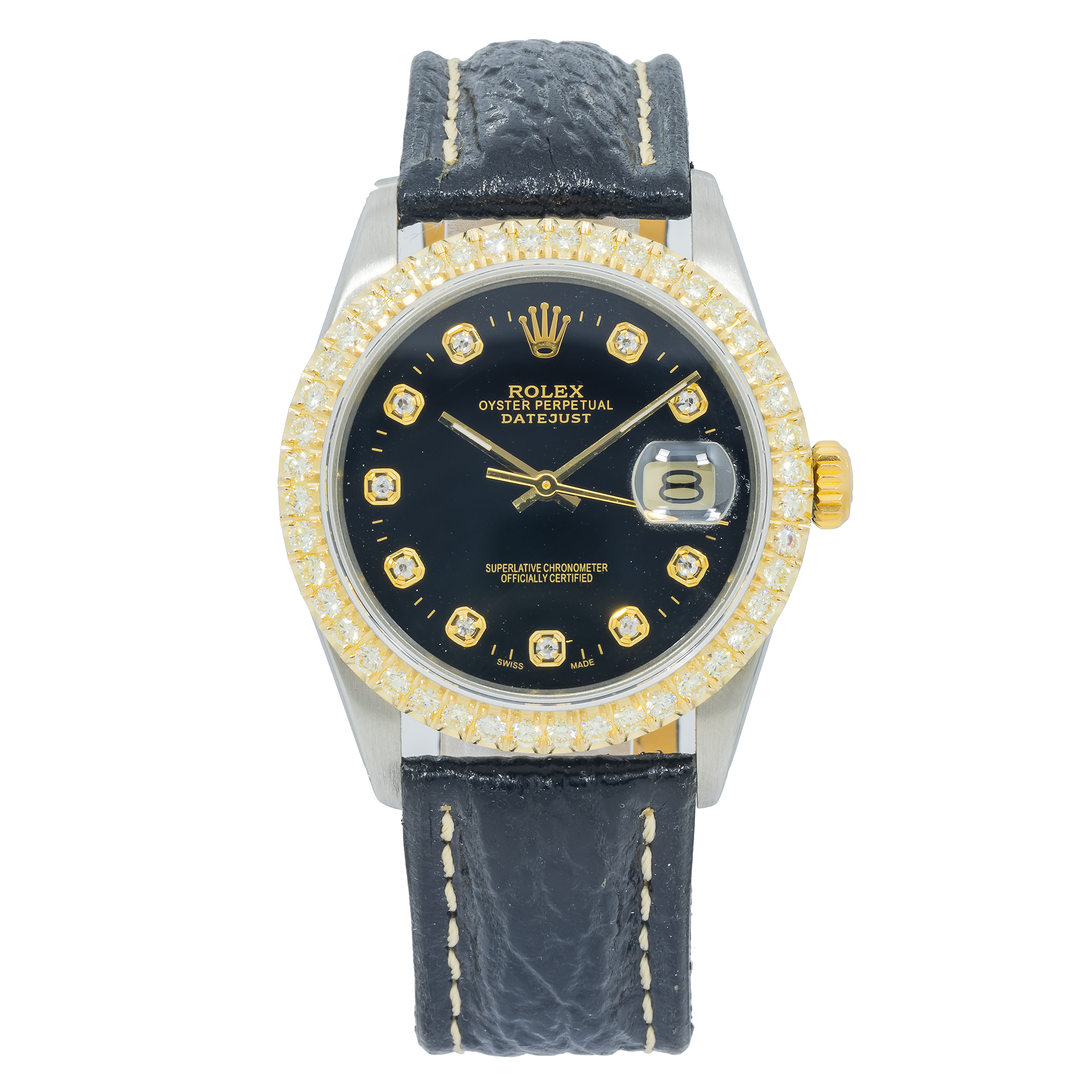 Rolex Datejust 36MM 16013 Black Diamond Dial Diamond Bezel Black Leather Strap