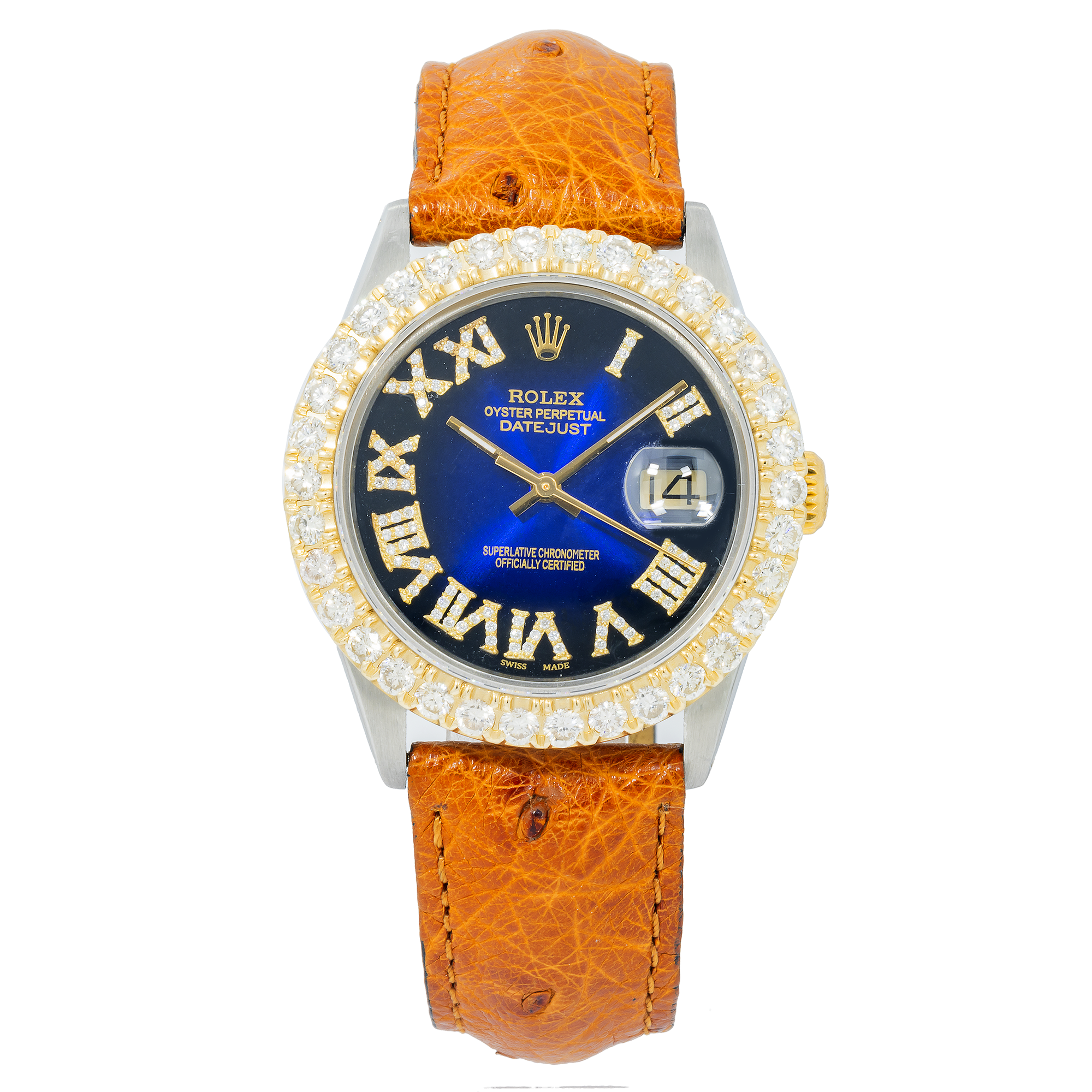 Rolex Datejust 36MM 16013 Blue Roman Dial Diamond Bezel Brown Leather Strap