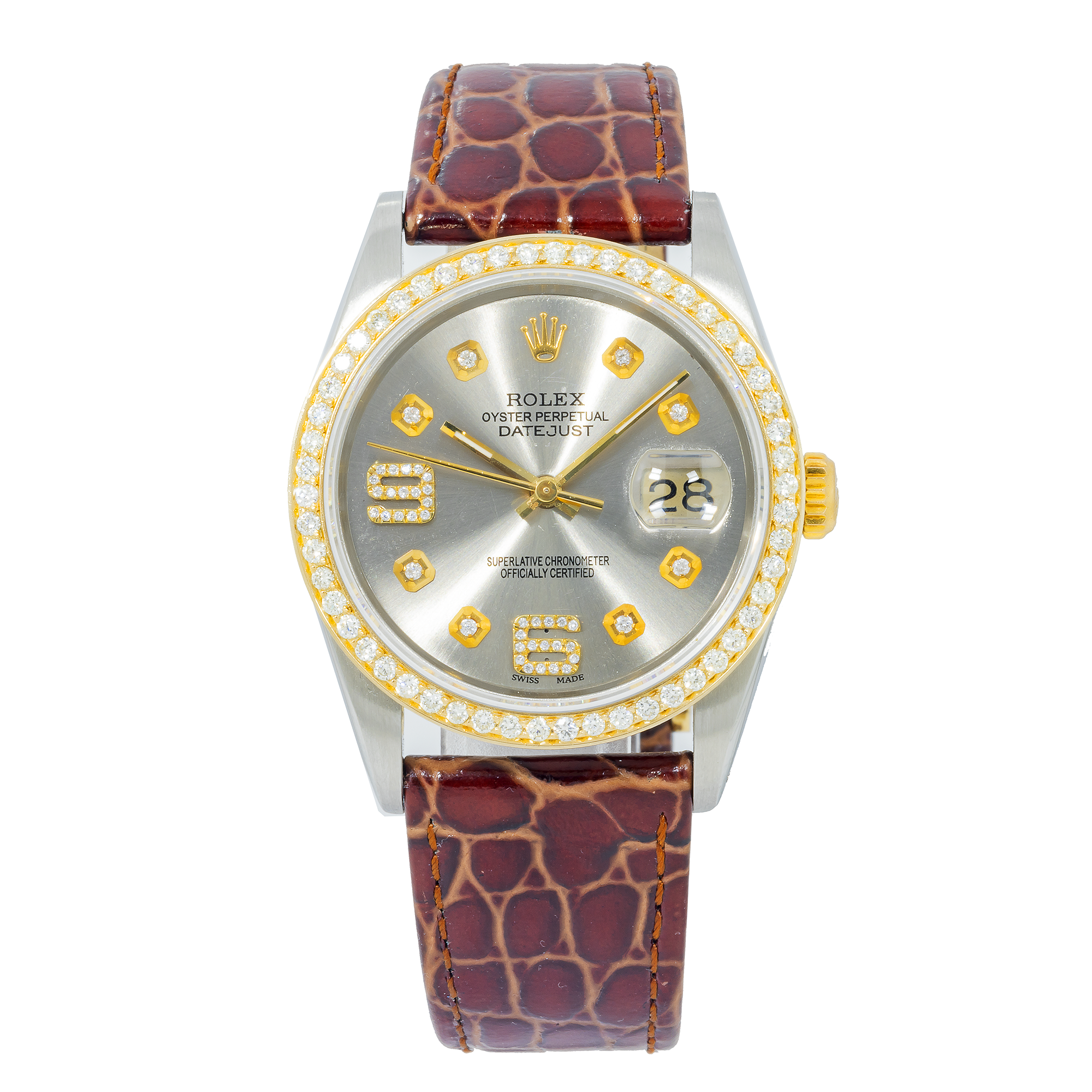 Rolex Datejust 36MM 16263 Silver Arabic Dial Diamond Bezel Brown Alligator Leather Strap