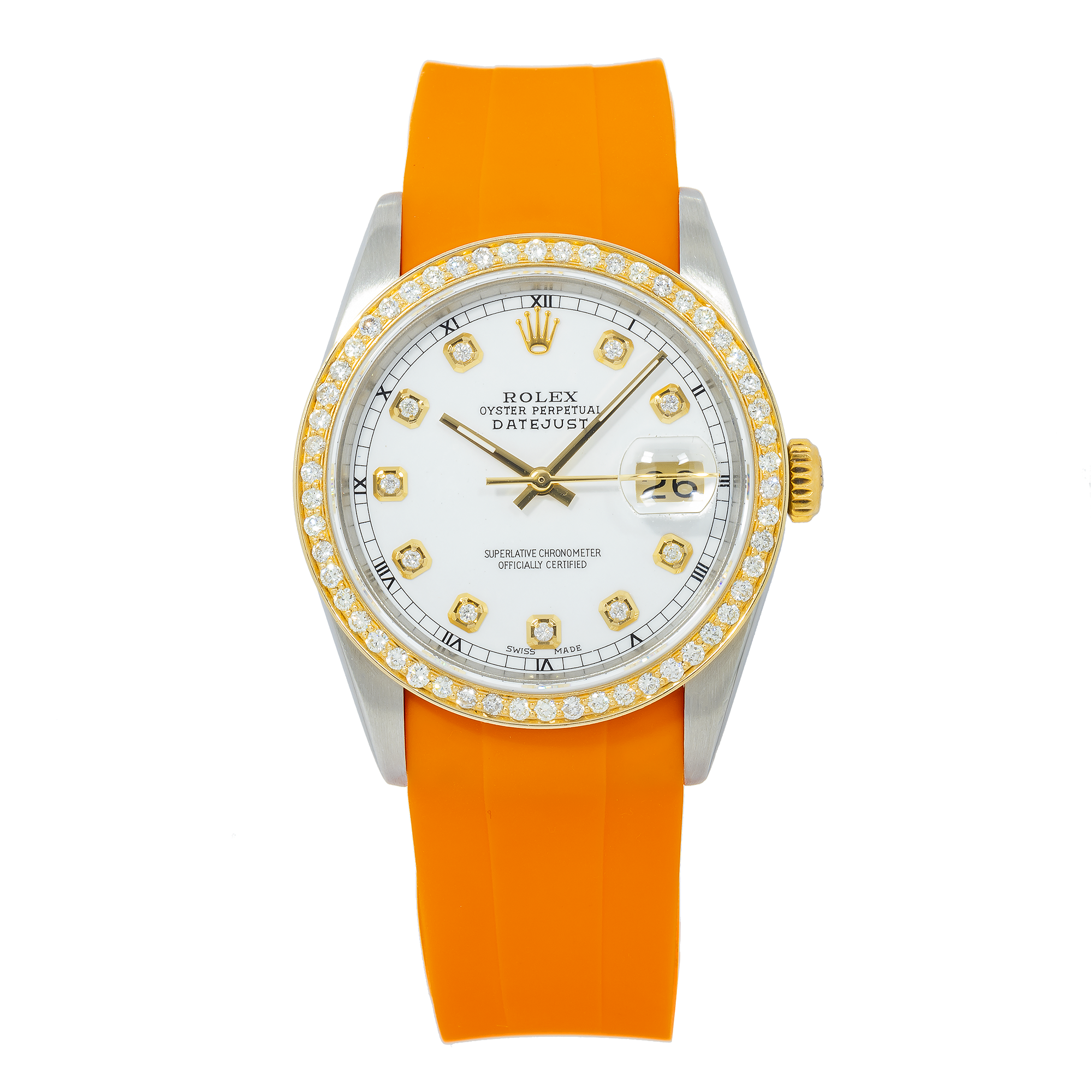 Rolex Datejust 36MM 16013 White Diamond Dial Diamond Bezel Orange Rubber Strap