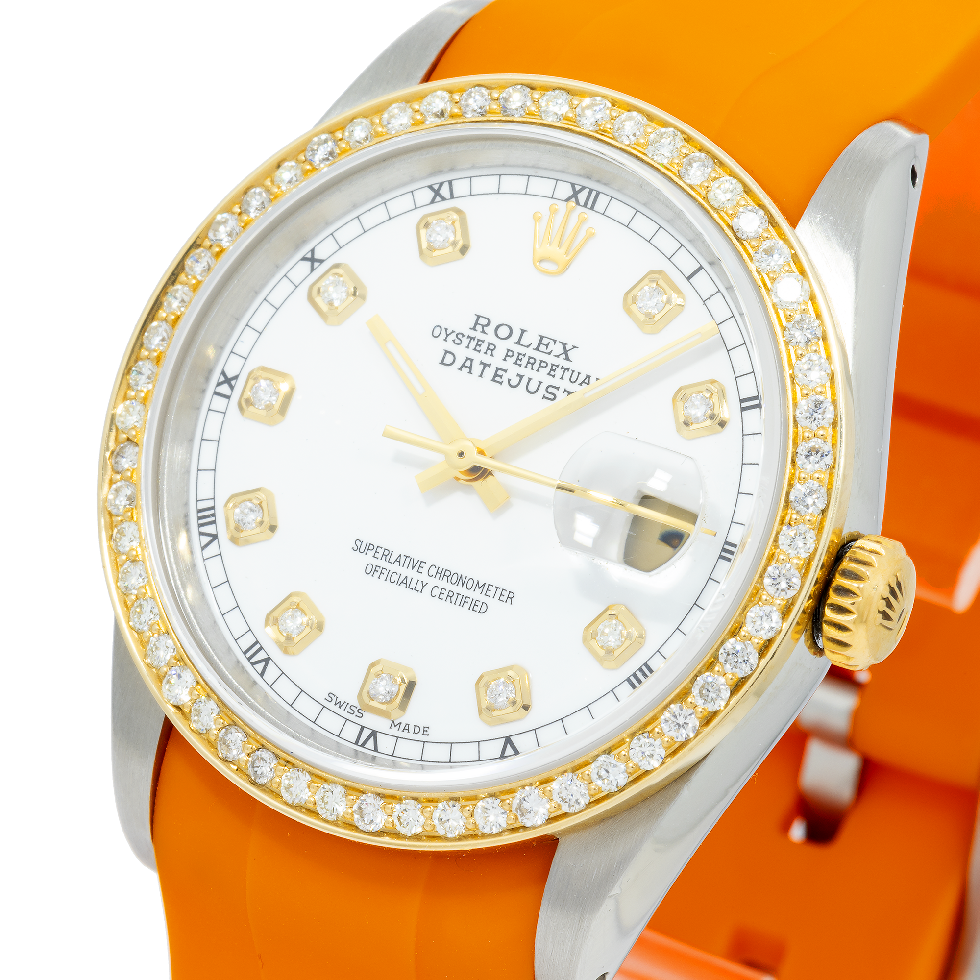 Rolex Datejust 36MM 16013 White Diamond Dial Diamond Bezel Orange Rubber Strap