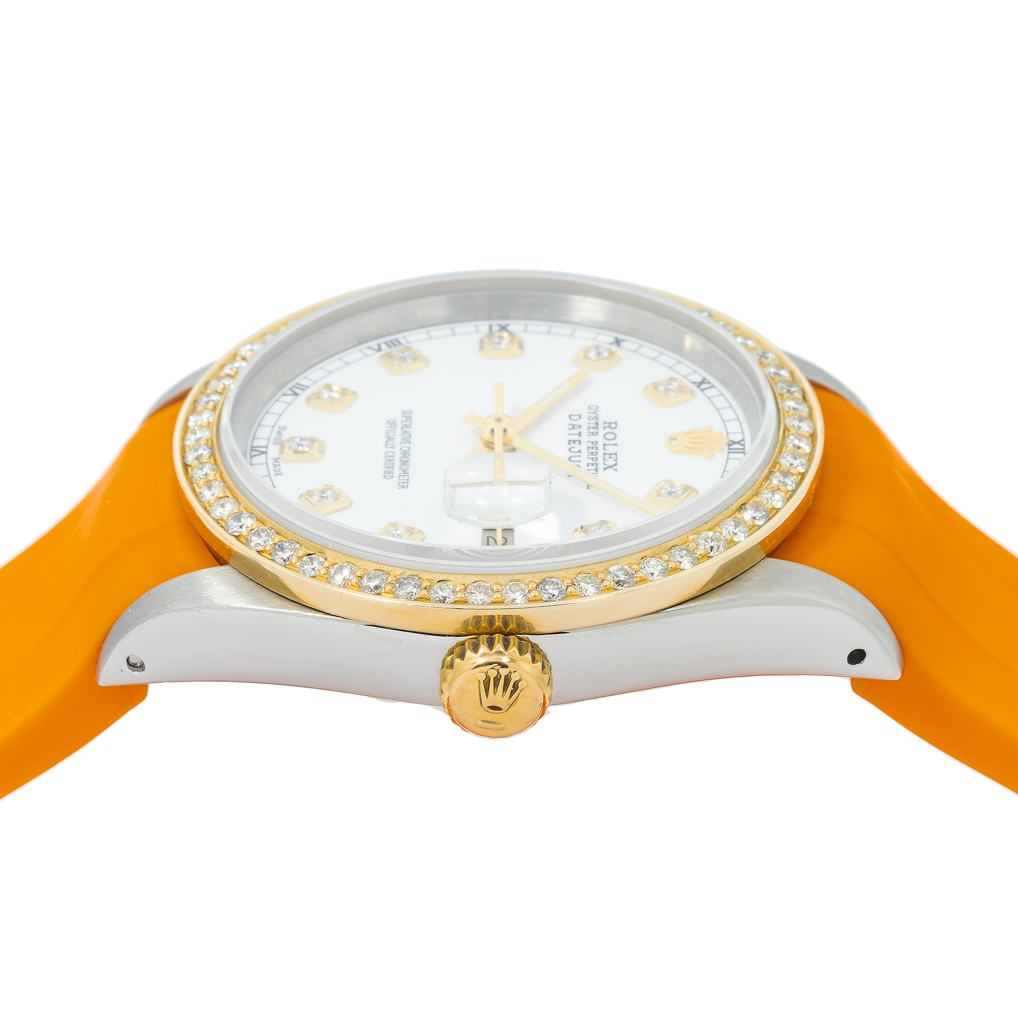 Rolex Datejust 36MM 16013 White Diamond Dial Diamond Bezel Orange Rubber Strap