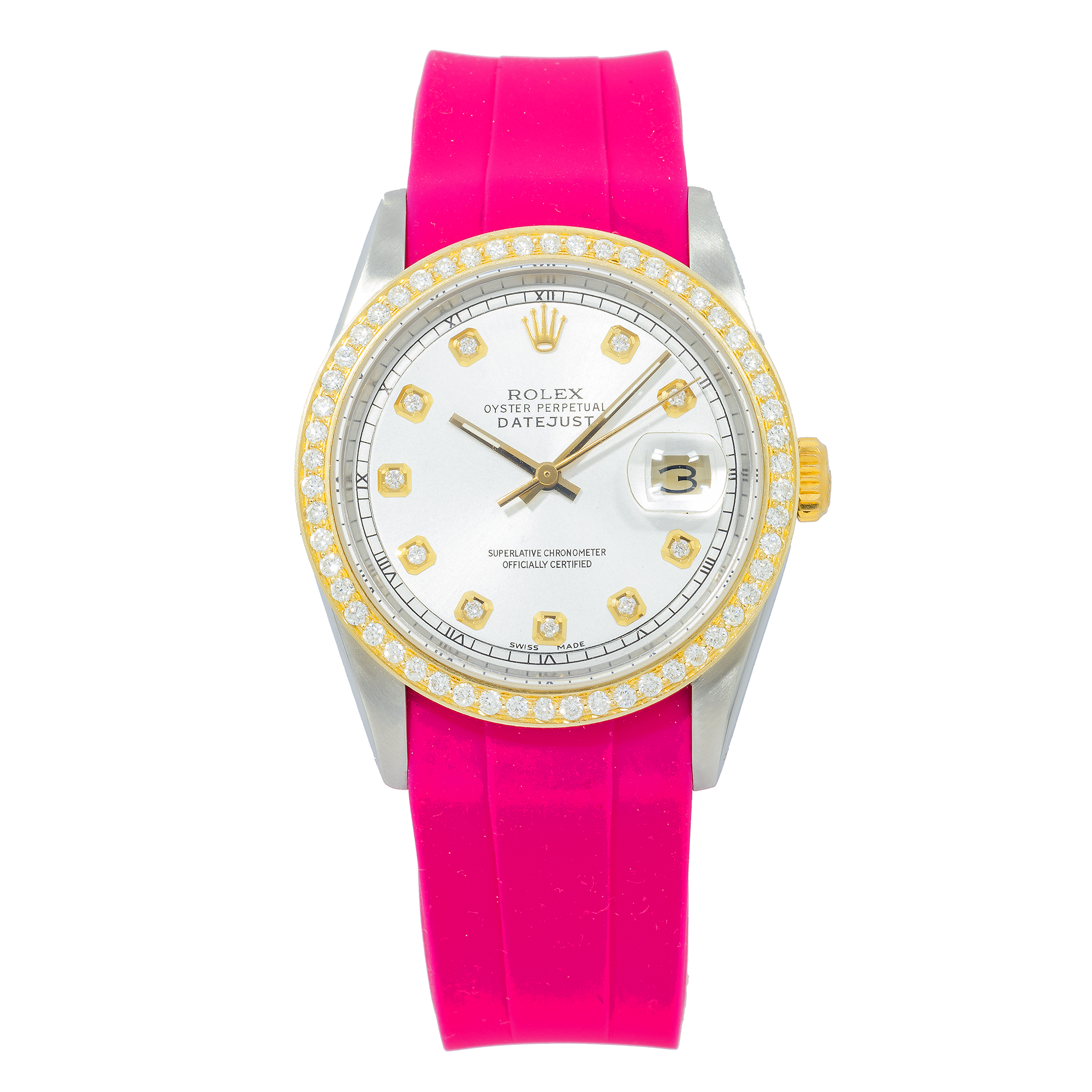 Rolex Datejust 36MM 16013 White Diamond Dial Diamond Bezel Magenta Rubber Strap