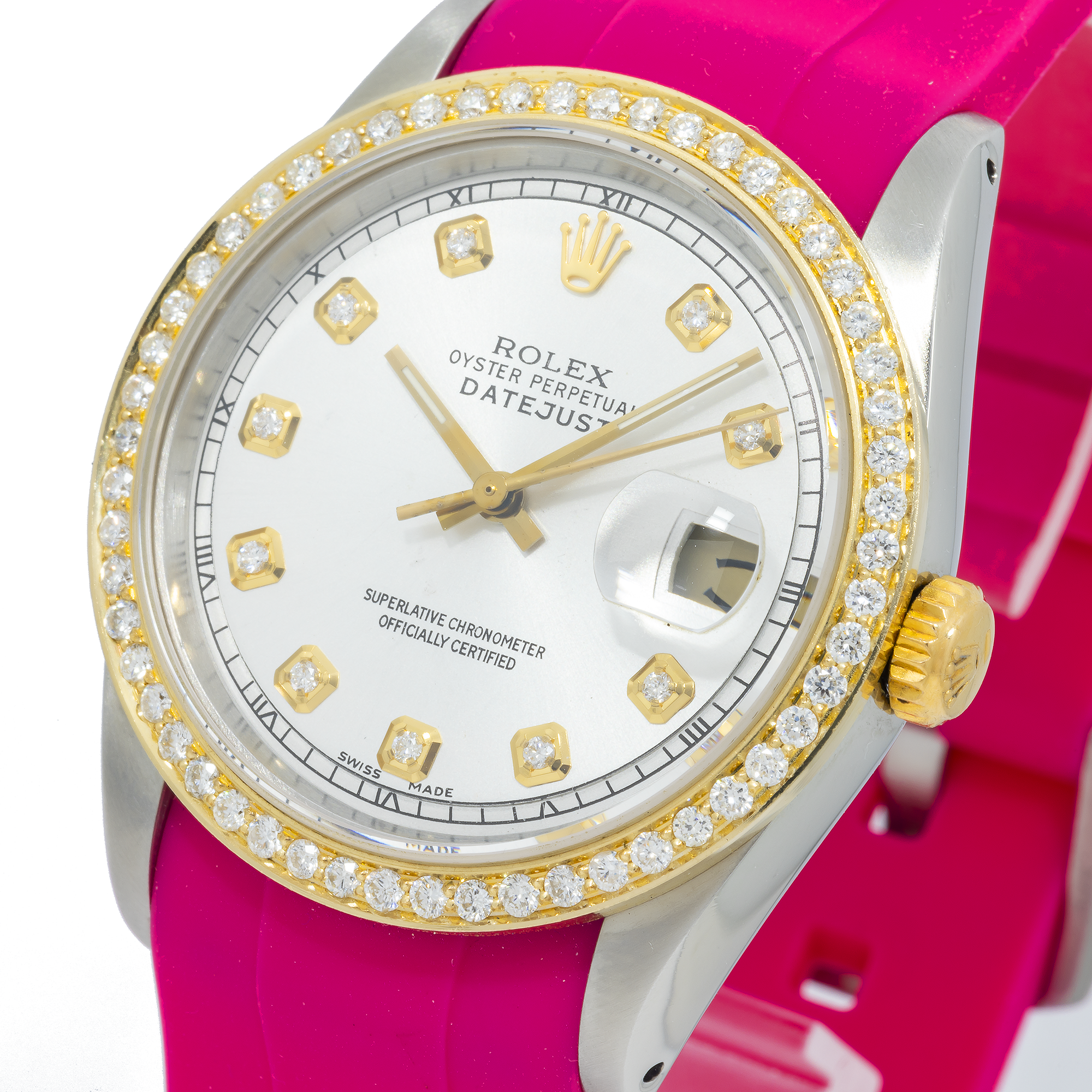 Rolex Datejust 36MM 16013 White Diamond Dial Diamond Bezel Magenta Rubber Strap