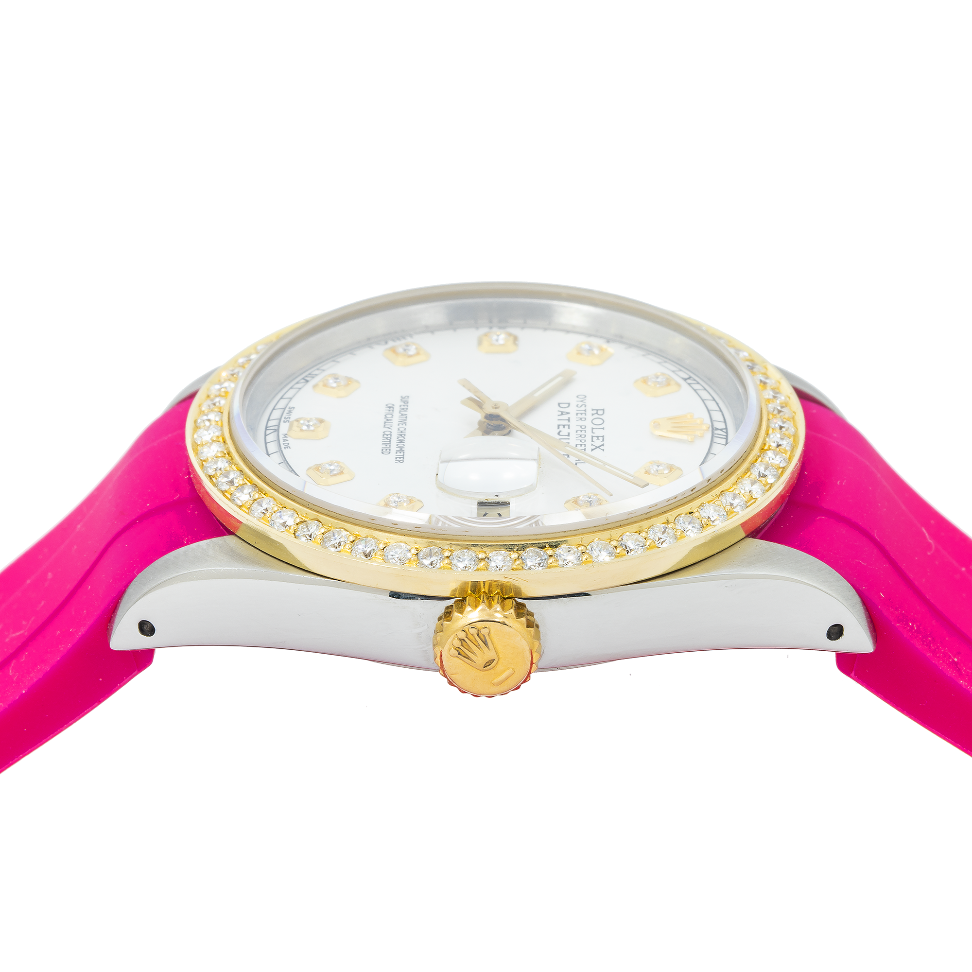 Rolex Datejust 36MM 16013 White Diamond Dial Diamond Bezel Magenta Rubber Strap