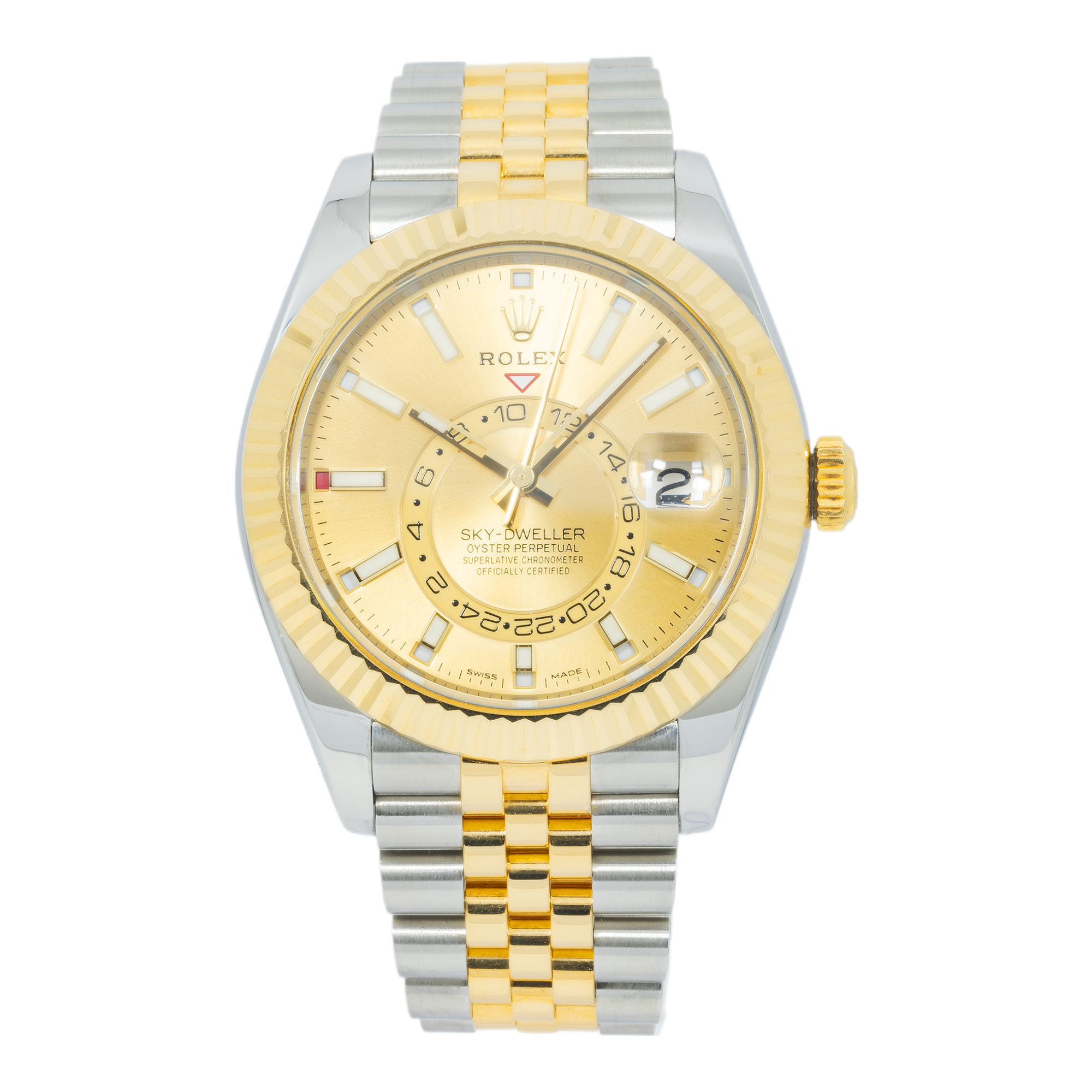 Rolex Sky-Dweller 42MM 336933 Champagne Dial Yellow Gold Fluted Bezel Two Tone Jubilee Bracelet