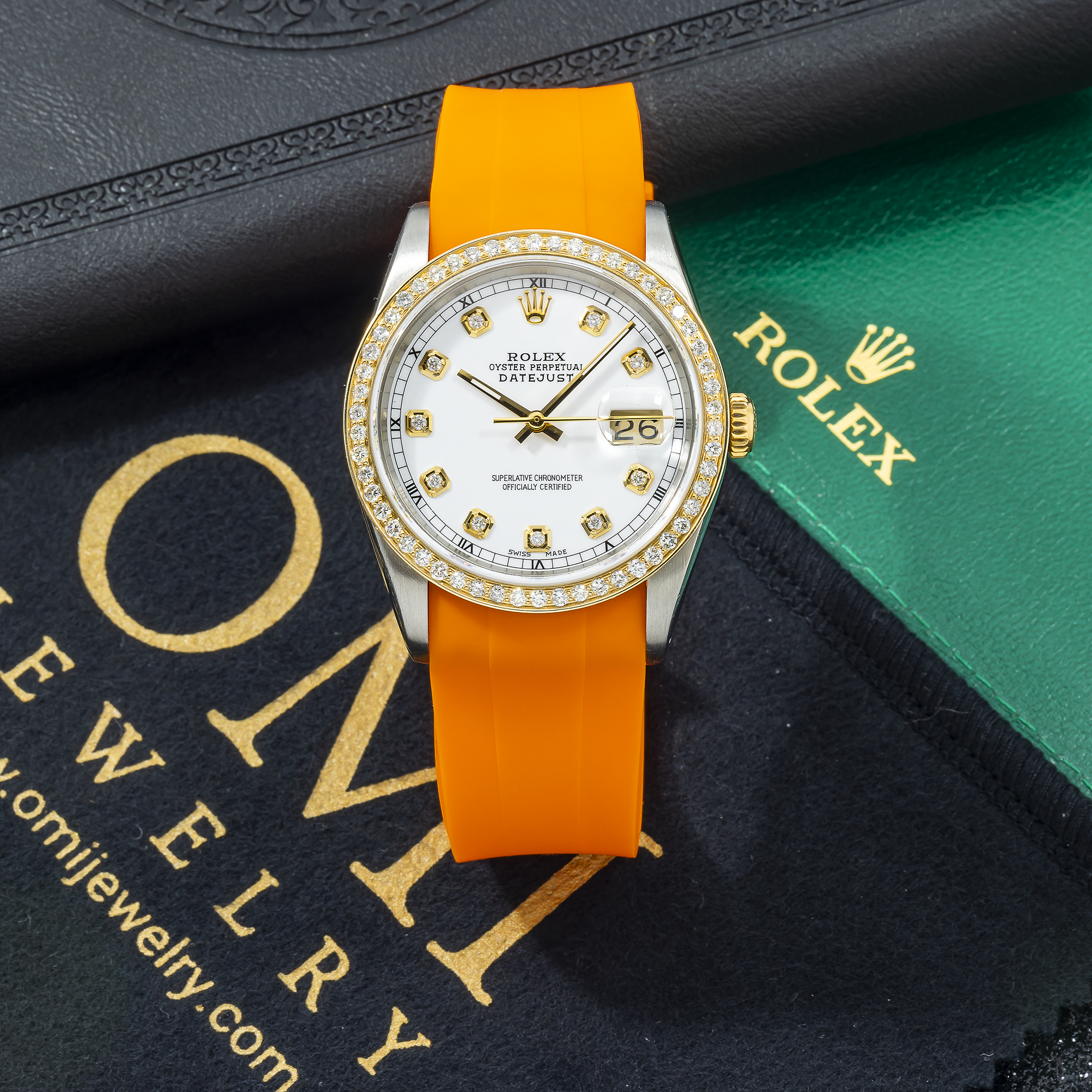 Rolex Datejust 36MM 16013 White Diamond Dial Diamond Bezel Orange Rubber Strap