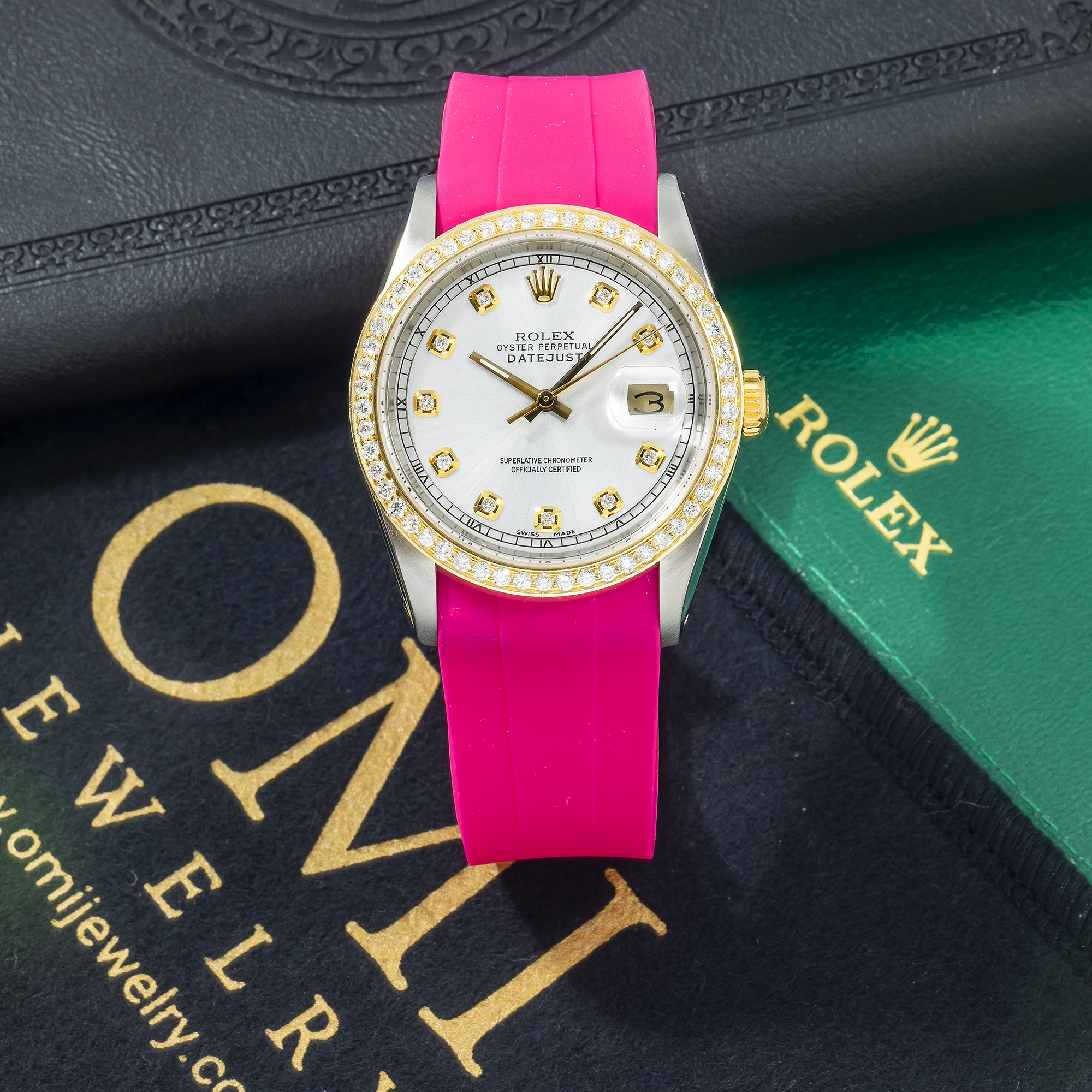 Rolex Datejust 36MM 16013 White Diamond Dial Diamond Bezel Magenta Rubber Strap