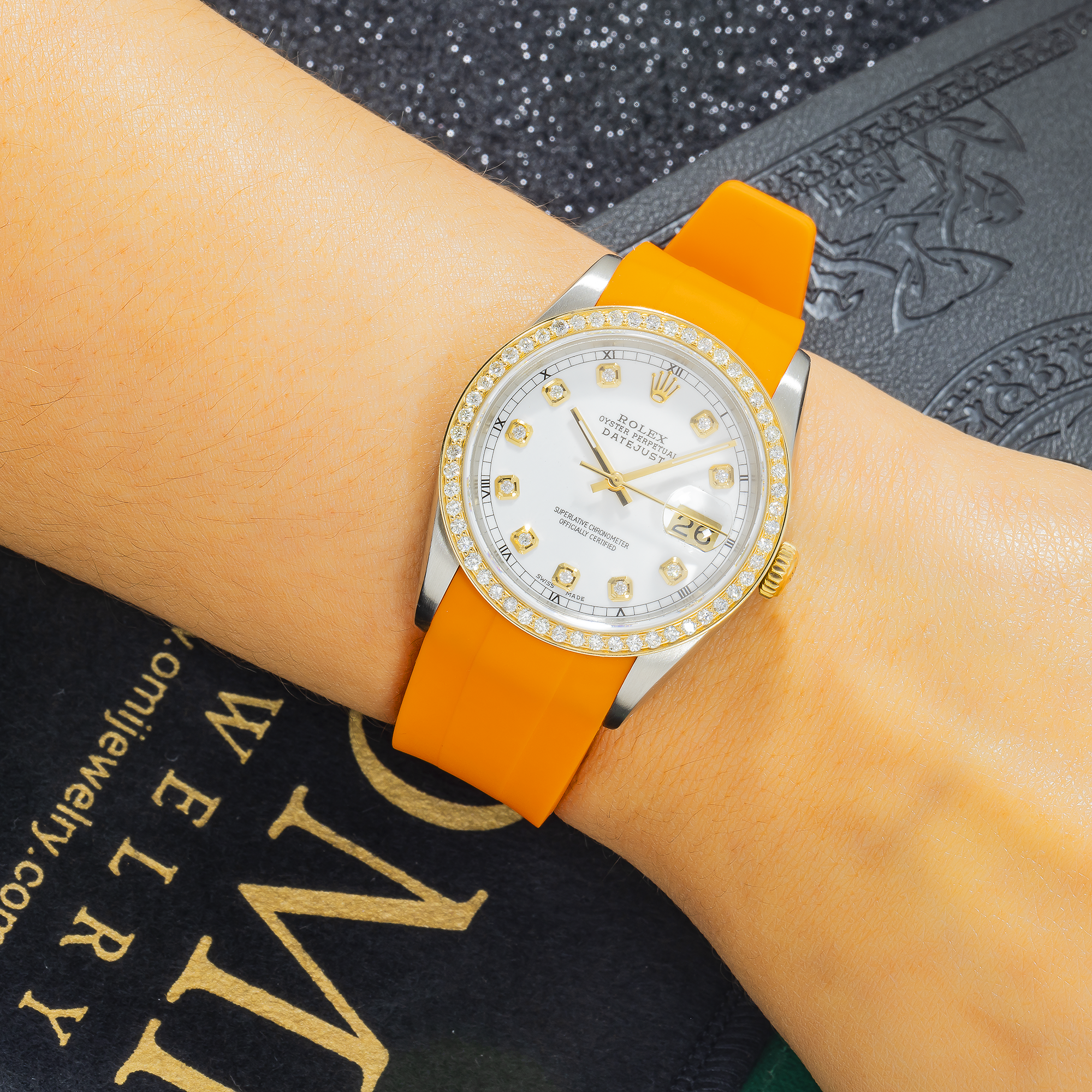 Rolex Datejust 36MM 16013 White Diamond Dial Diamond Bezel Orange Rubber Strap