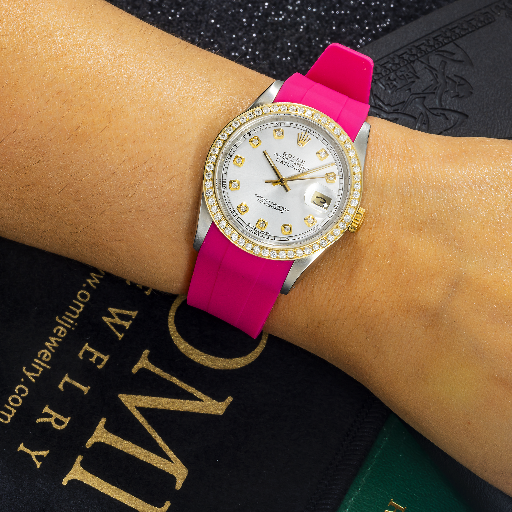 Rolex Datejust 36MM 16013 White Diamond Dial Diamond Bezel Magenta Rubber Strap