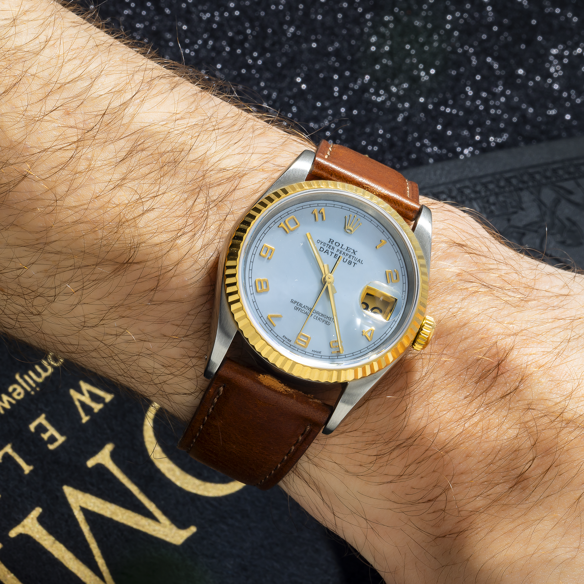 Rolex Datejust 36MM 16233 Blue Mother of Pearl Arabic Dial Fluted Bezel Brown Leather Strap