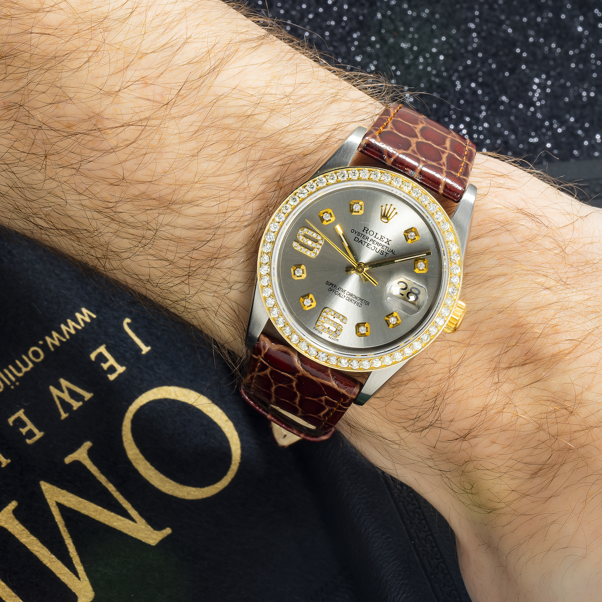 Rolex Datejust 36MM 16263 Silver Arabic Diamond Dial Diamond Bezel Brown Alligator Leather Strap